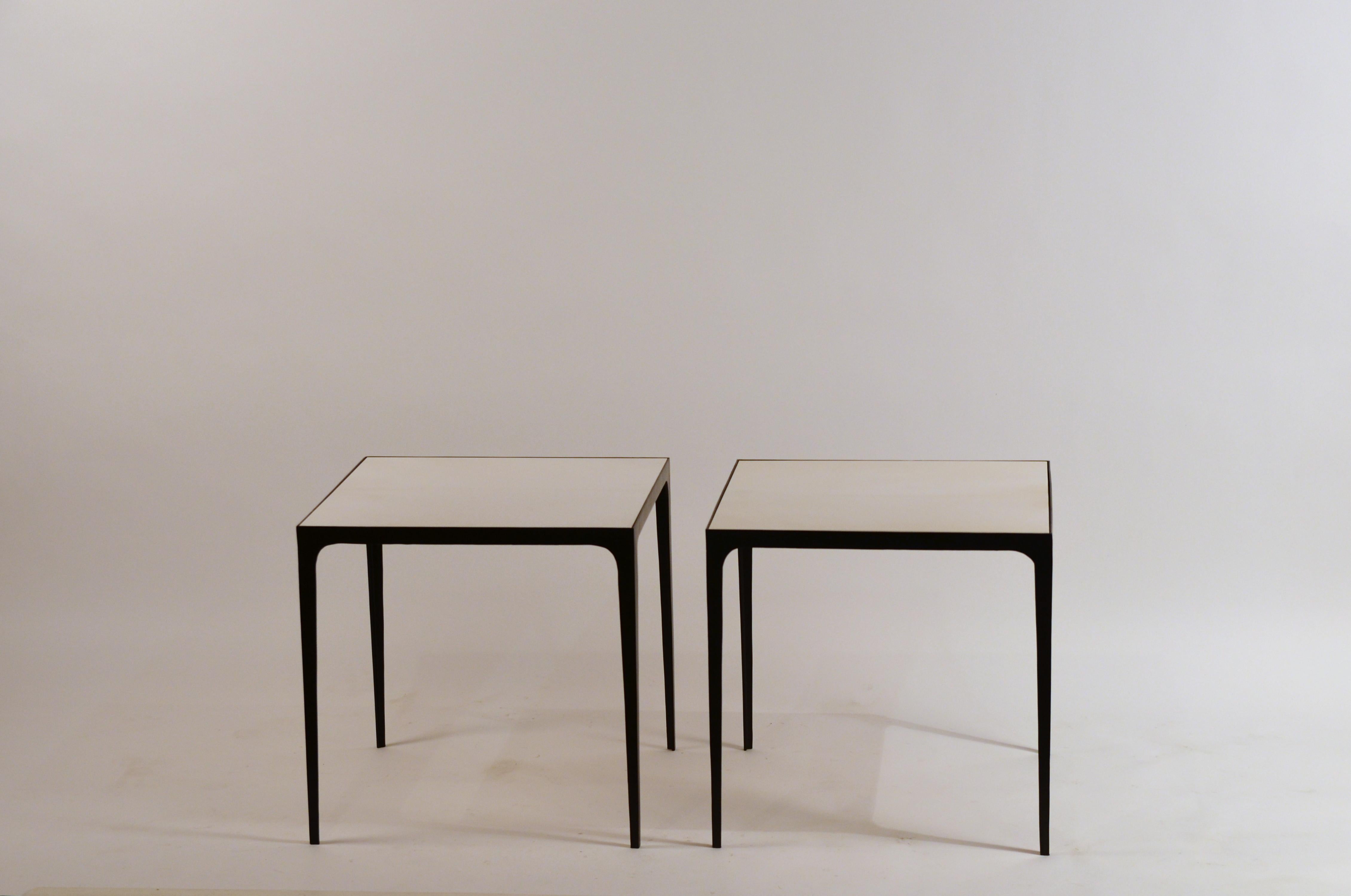 European Pair of Large 'Esquisse' Wrought Iron and Parchment Side Tables by Design Frères For Sale