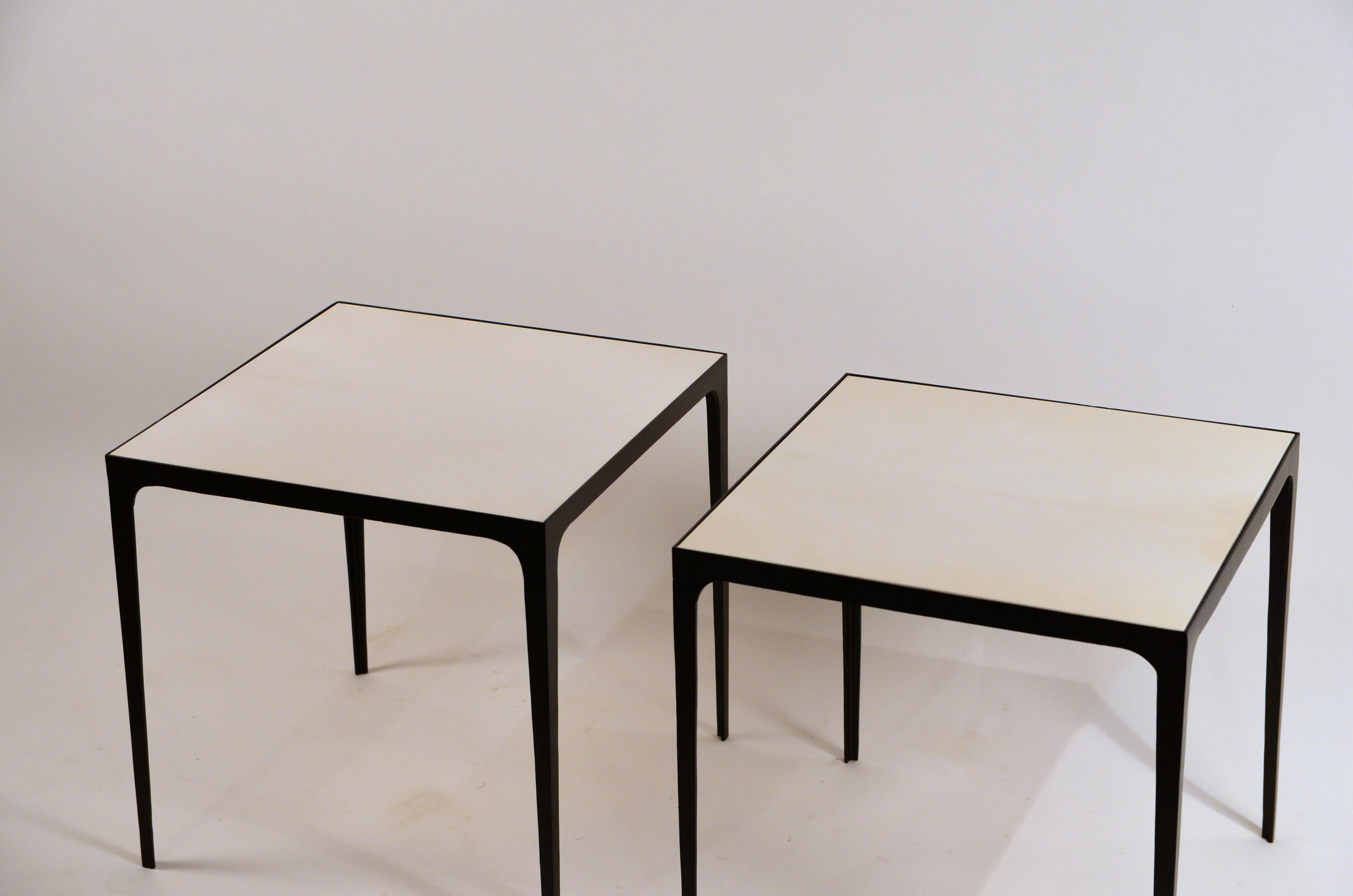 Powder-Coated Pair of Large 'Esquisse' Wrought Iron and Parchment Side Tables by Design Frères For Sale