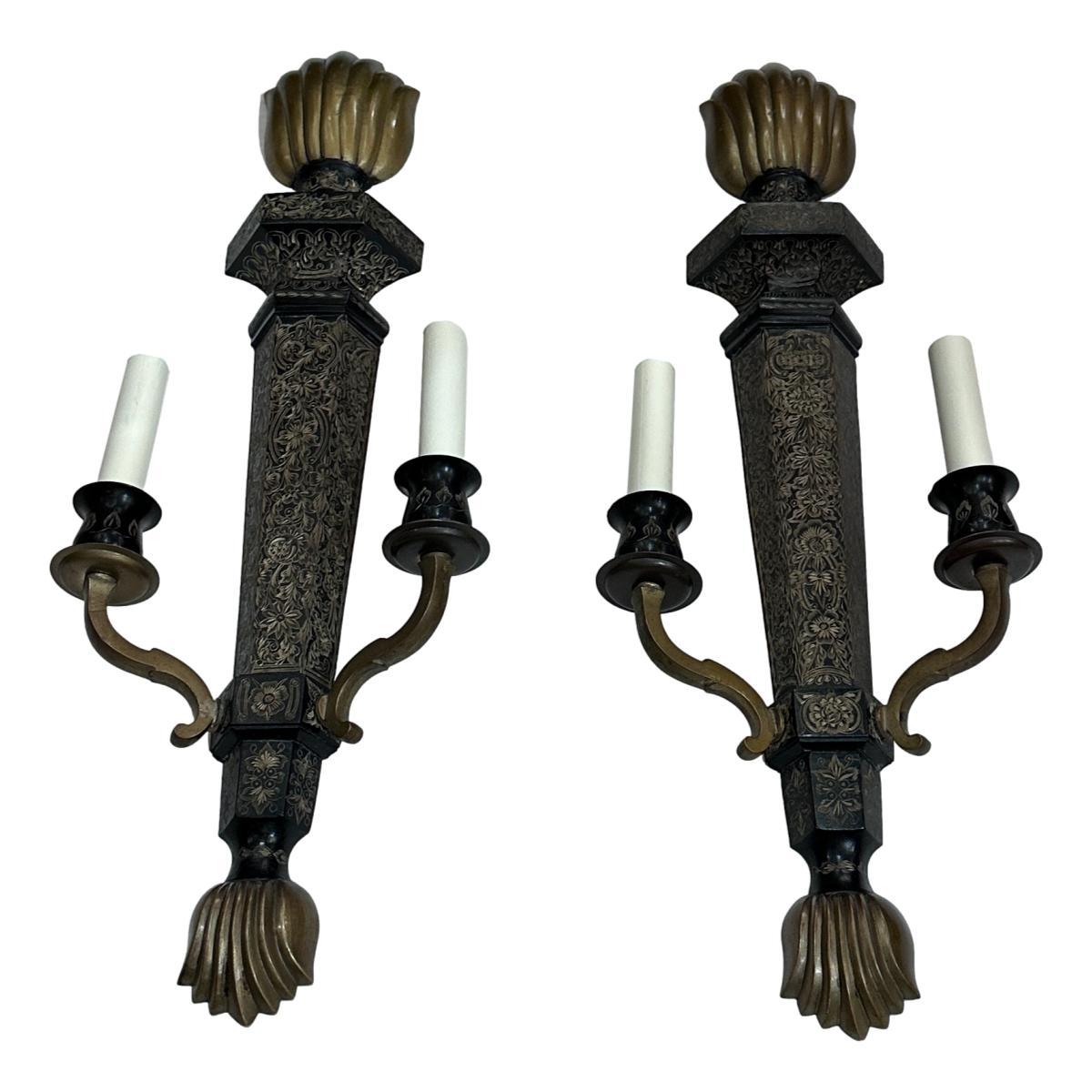 Pair of Large Etched Bronze Sconces In Good Condition For Sale In New York, NY