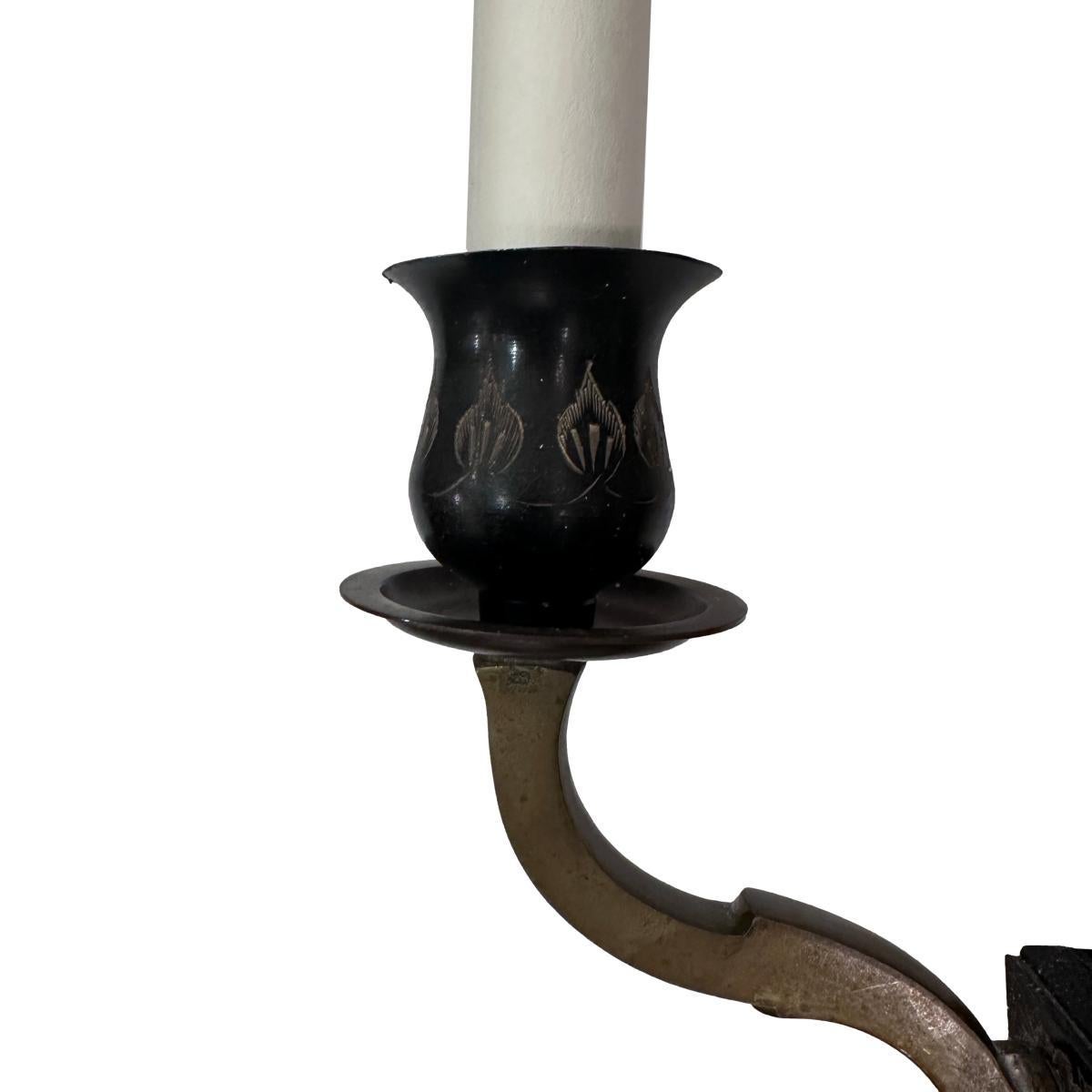 Mid-20th Century Pair of Large Etched Bronze Sconces For Sale