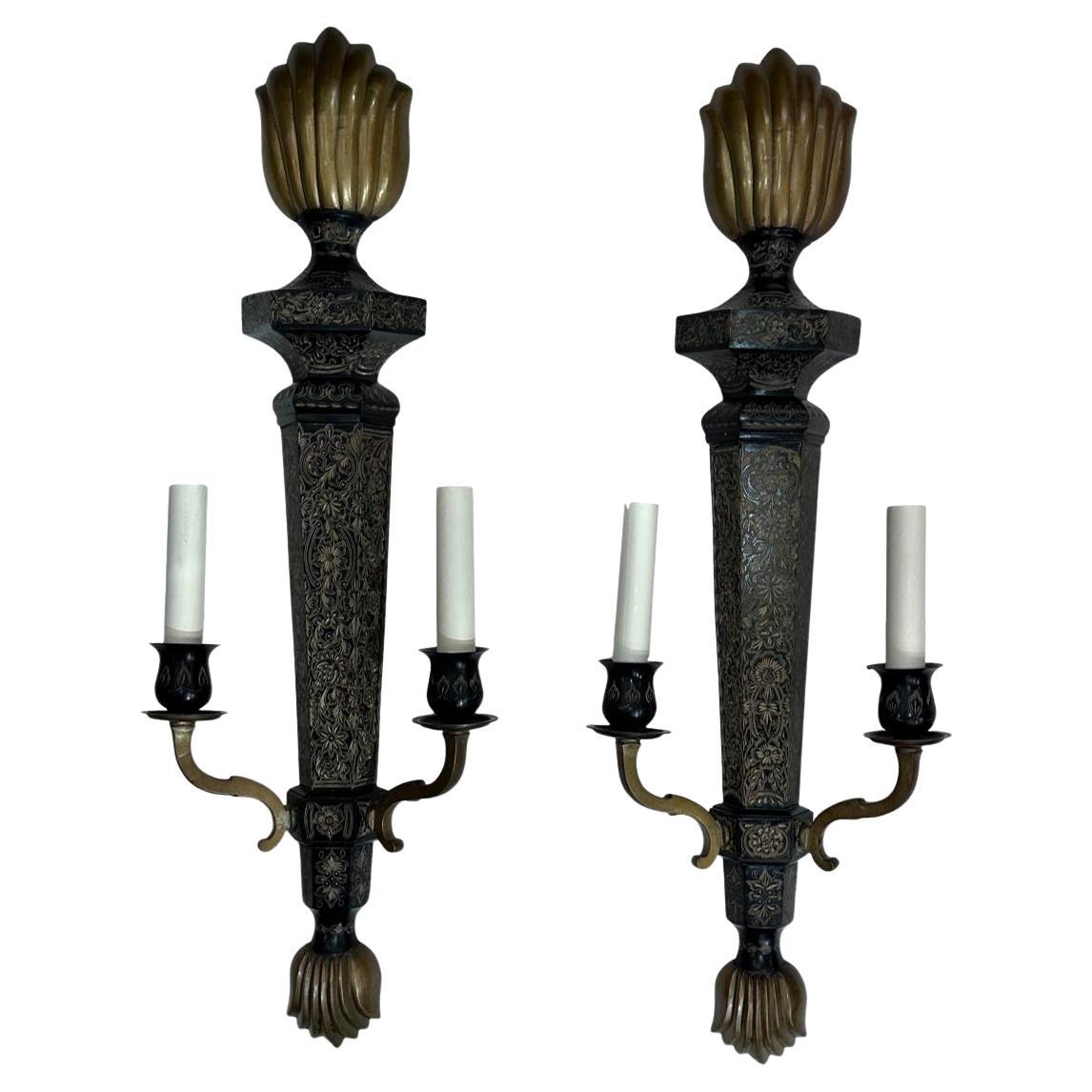 Pair of Large Etched Bronze Sconces For Sale