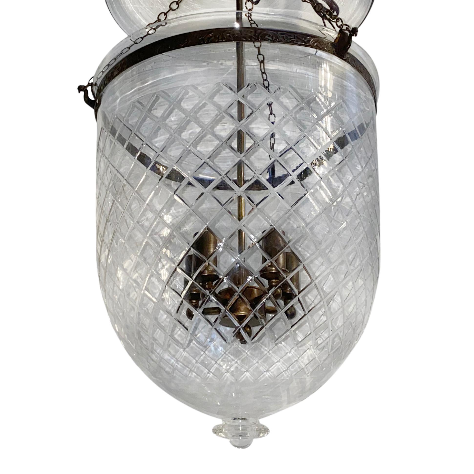 Mid-20th Century Pair of Large Etched Glass English Lanterns, Sold Individually For Sale