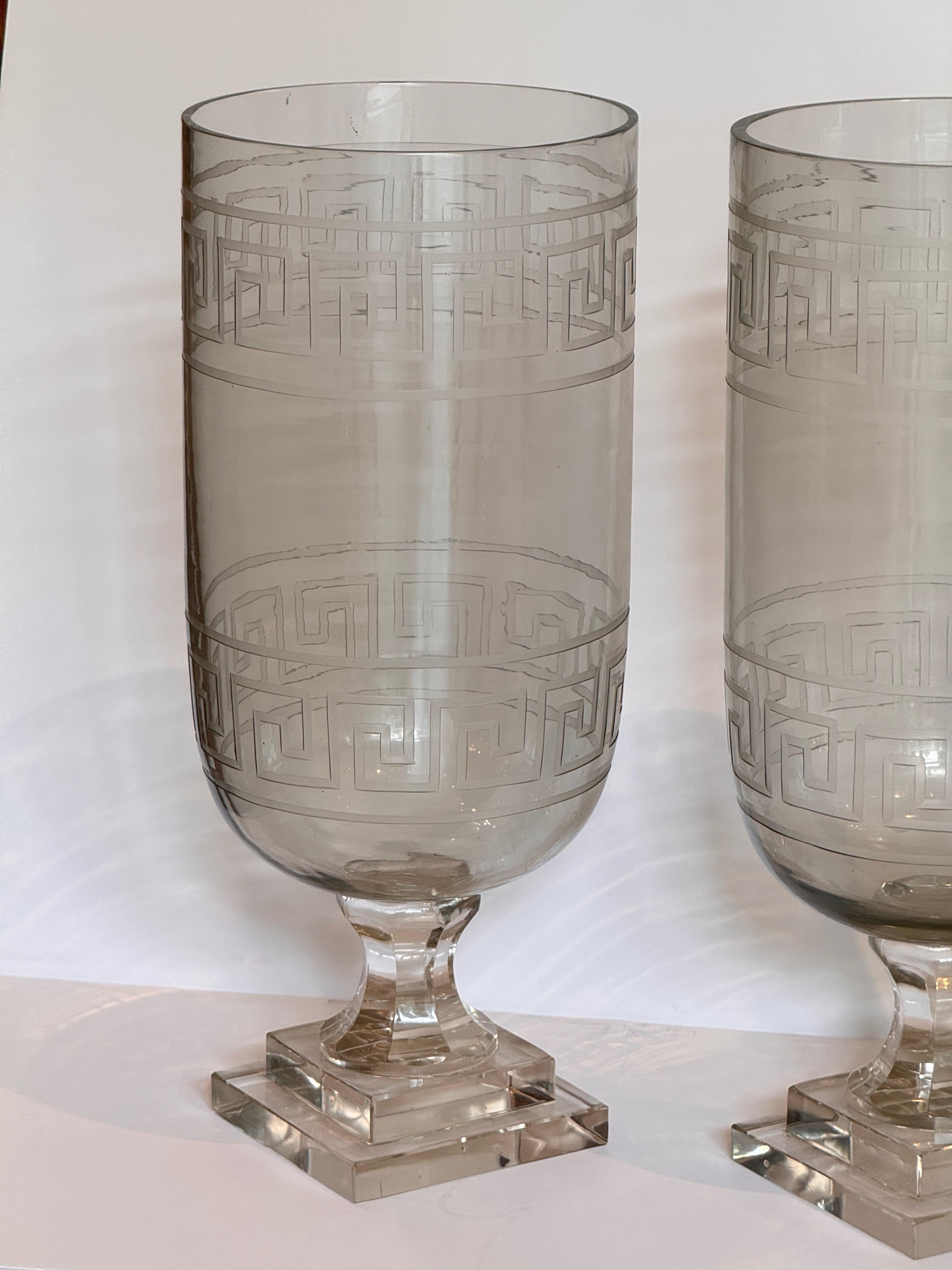 American Pair of Large Etched Glass Vases With Greek Key Design For Sale