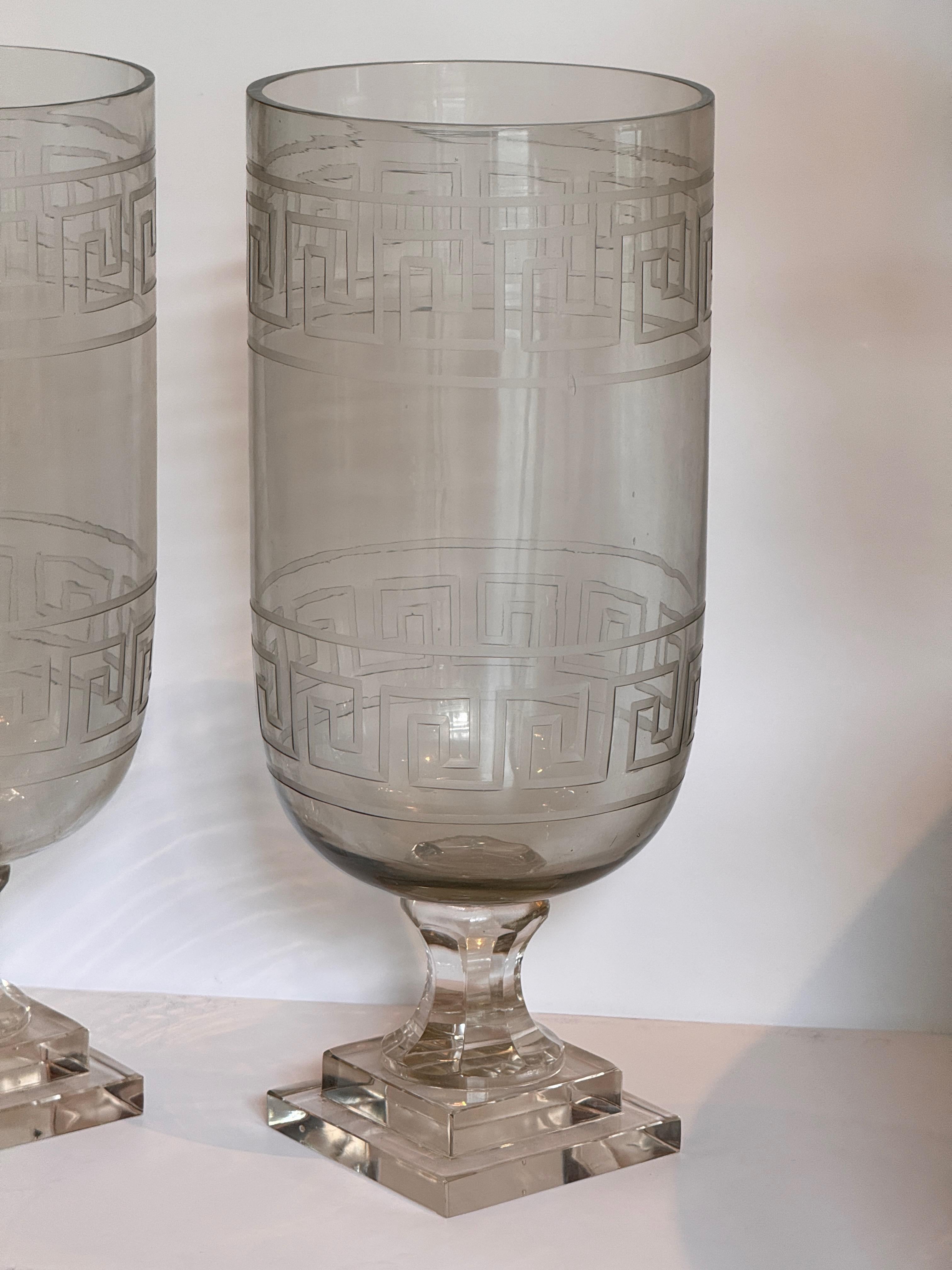 Pair of Large Etched Glass Vases With Greek Key Design In Excellent Condition For Sale In Charlottesville, VA