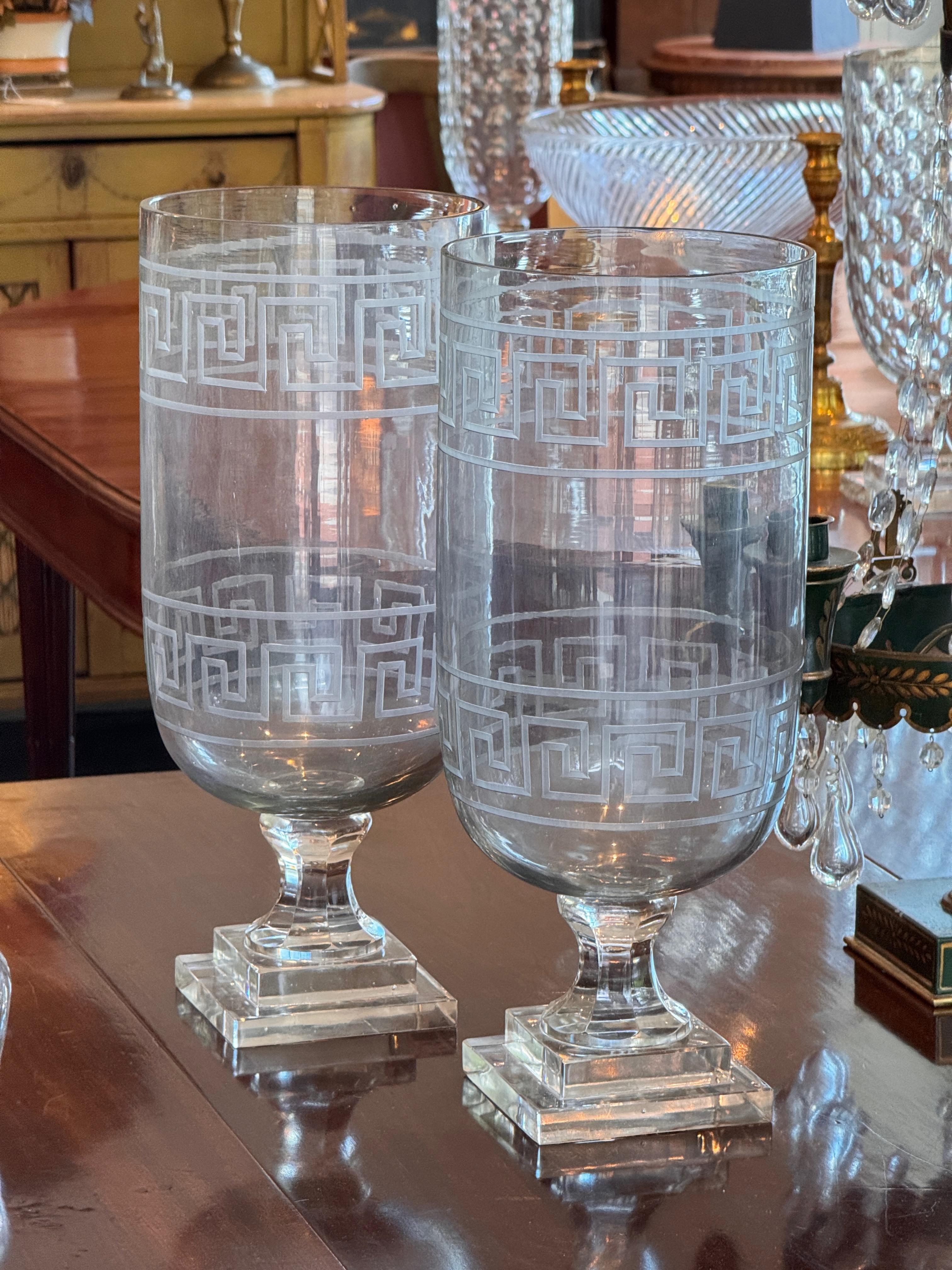 Contemporary Pair of Large Etched Glass Vases With Greek Key Design For Sale