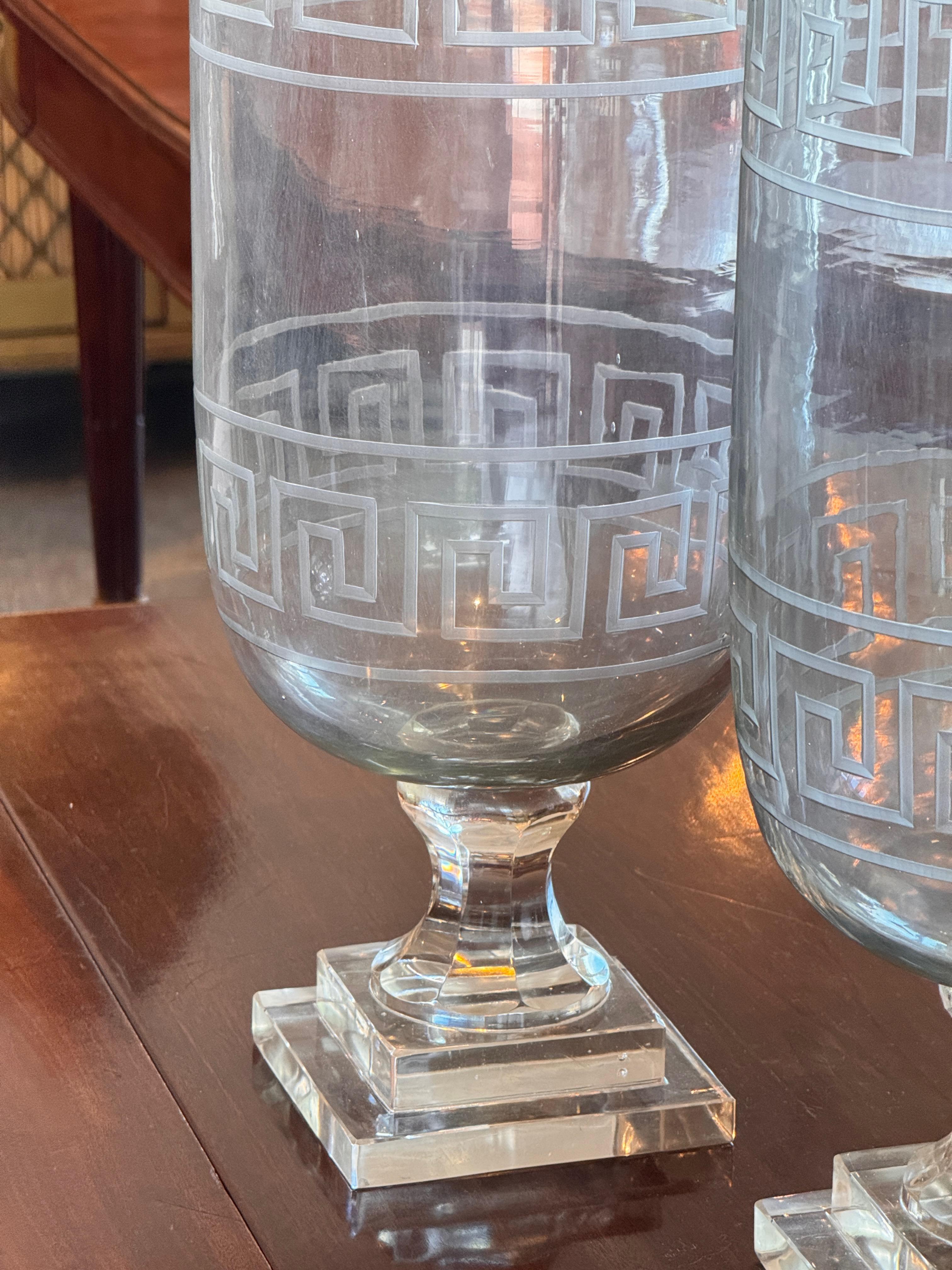 Pair of Large Etched Glass Vases With Greek Key Design For Sale 1