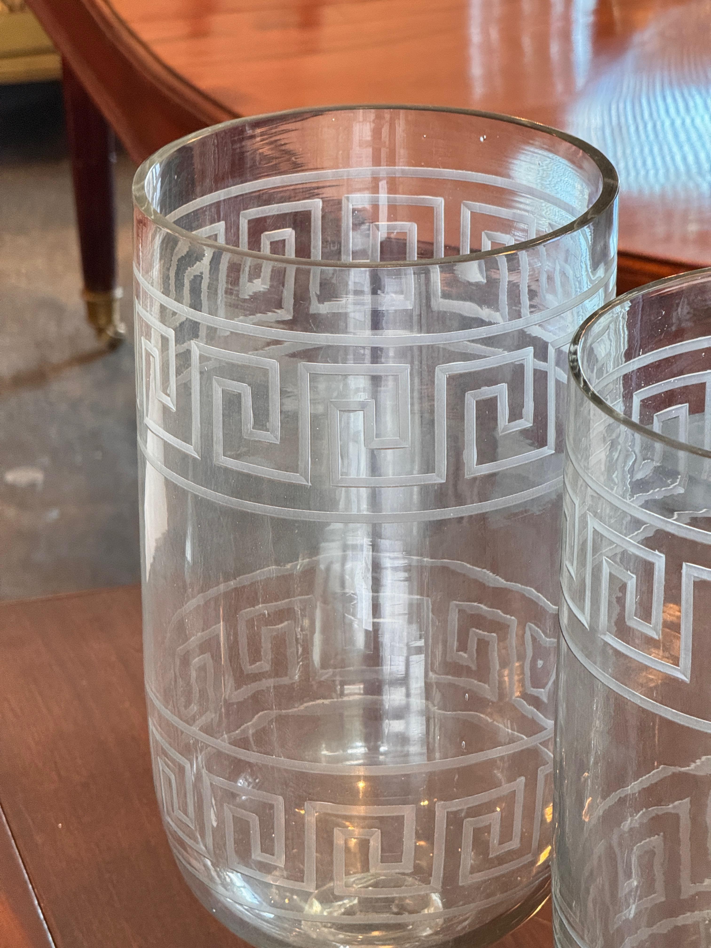 Pair of Large Etched Glass Vases With Greek Key Design For Sale 2