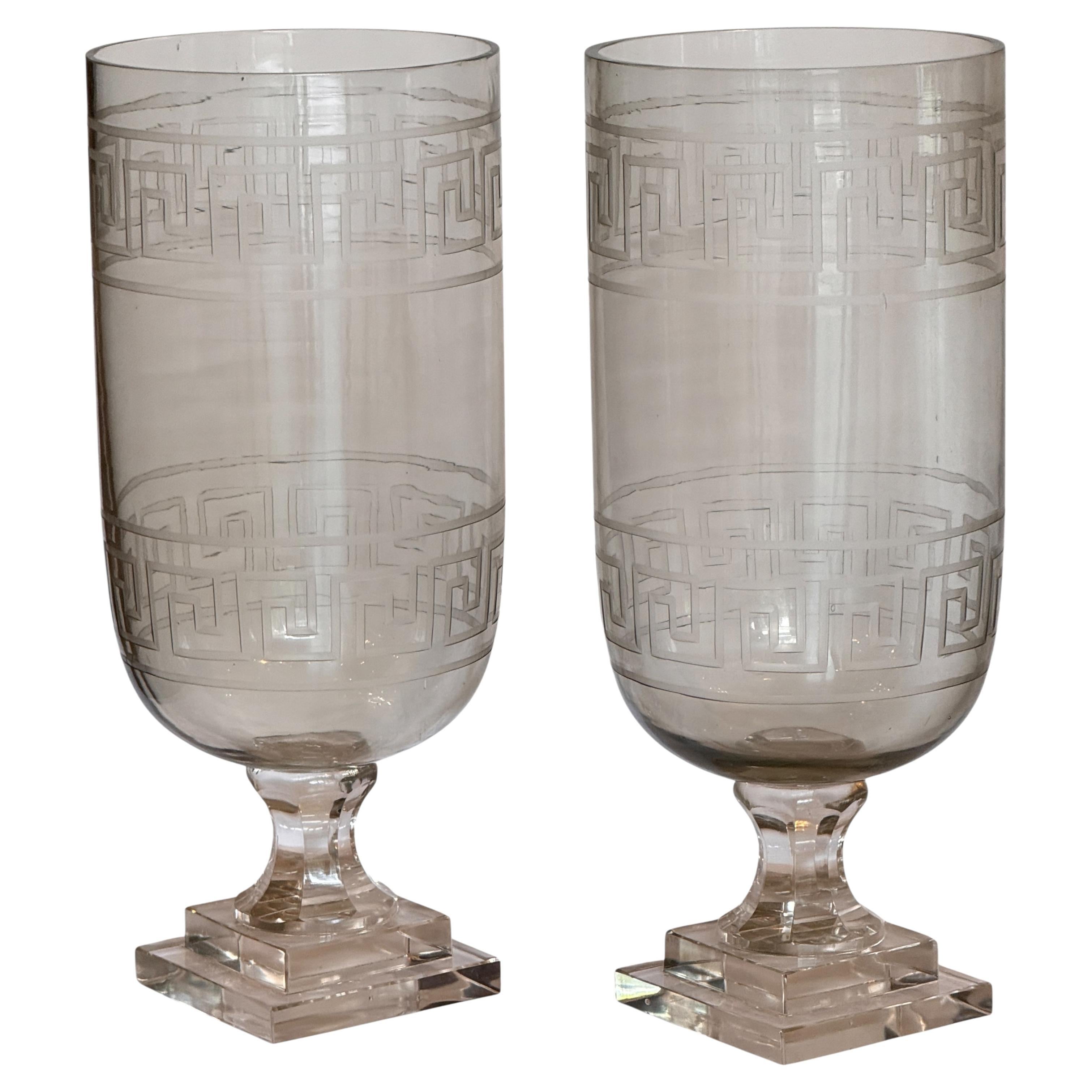 Pair of Large Etched Glass Vases With Greek Key Design For Sale