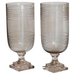 Pair of Large Etched Glass Vases With Greek Key Design