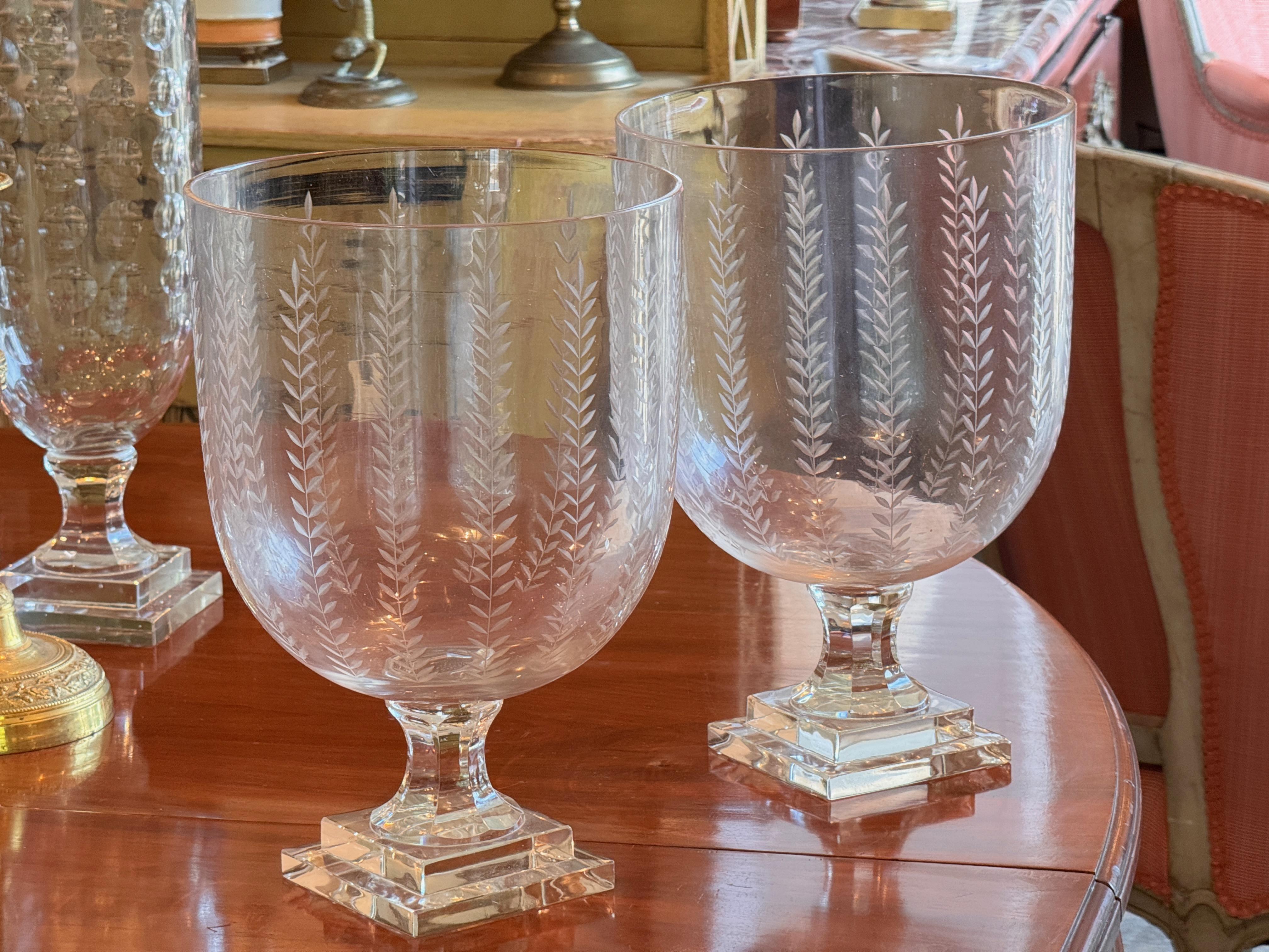 American Pair of Large Etched Glass Vases With Wheat Motif For Sale