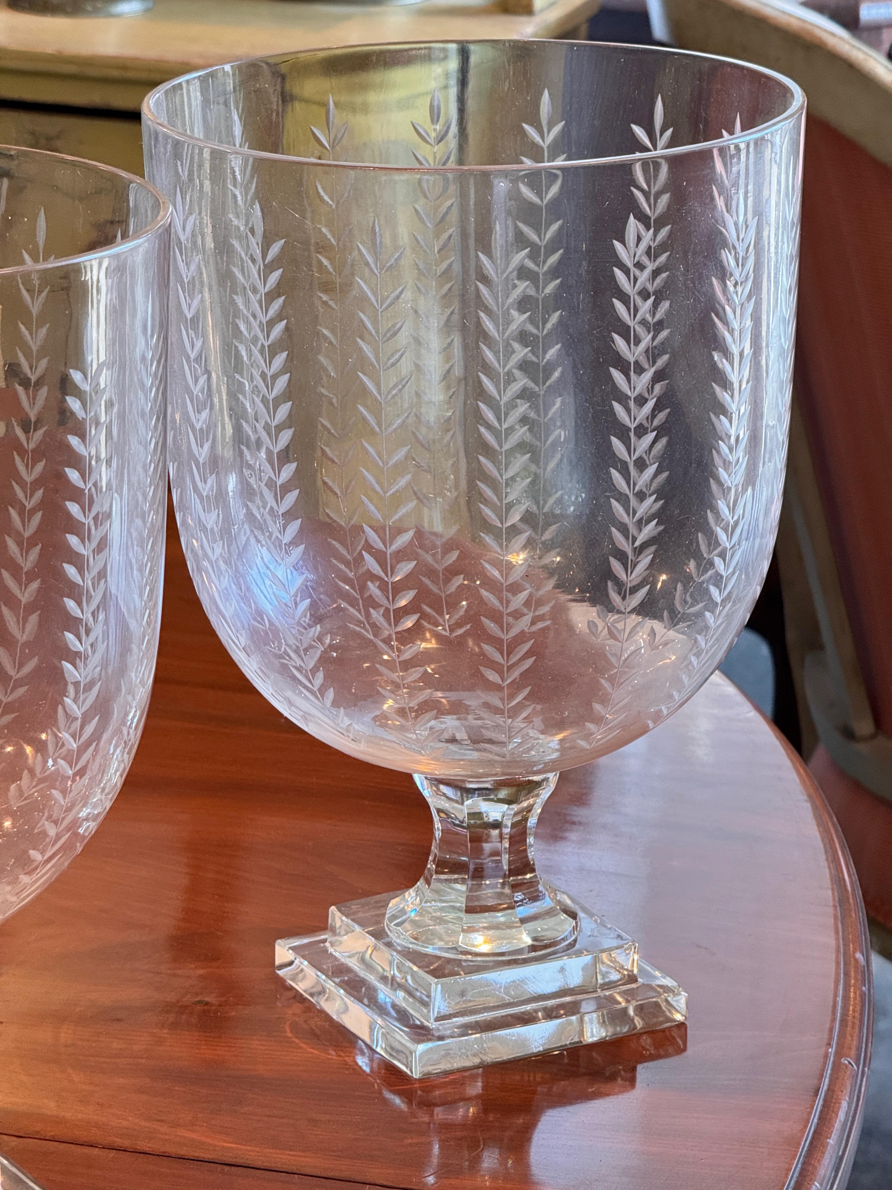 Pair of Large Etched Glass Vases With Wheat Motif In Excellent Condition For Sale In Charlottesville, VA