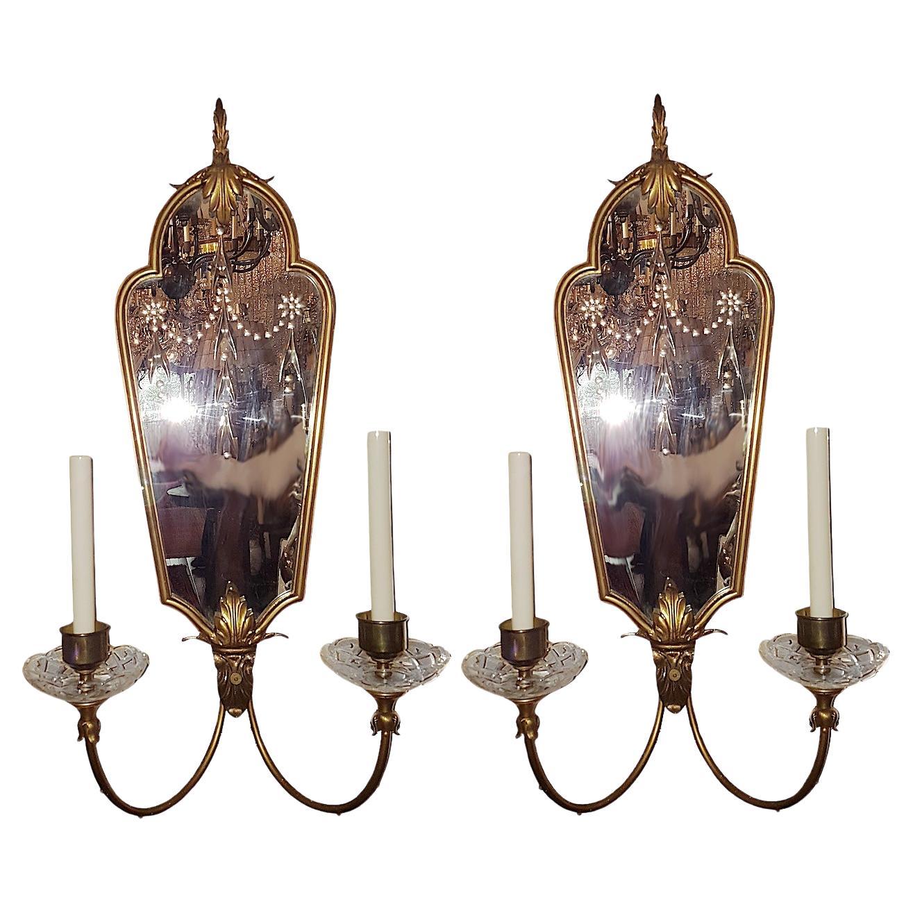 Pair of Large Etched Mirror Sconces For Sale
