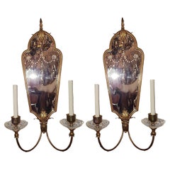 Vintage Pair of Large Etched Mirror Sconces