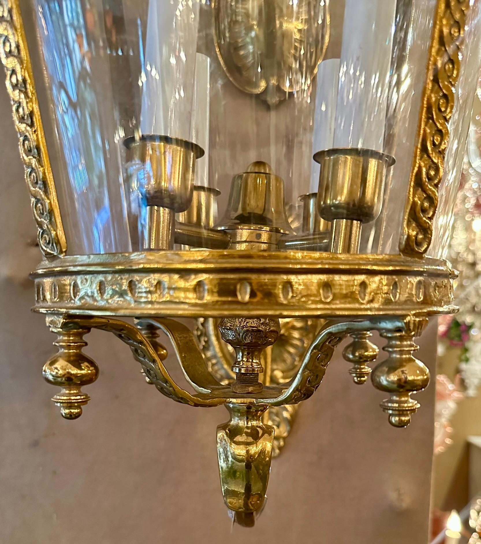 Pair of Large European Louis XVI Style Brass Entry Lanterns. For Sale 7