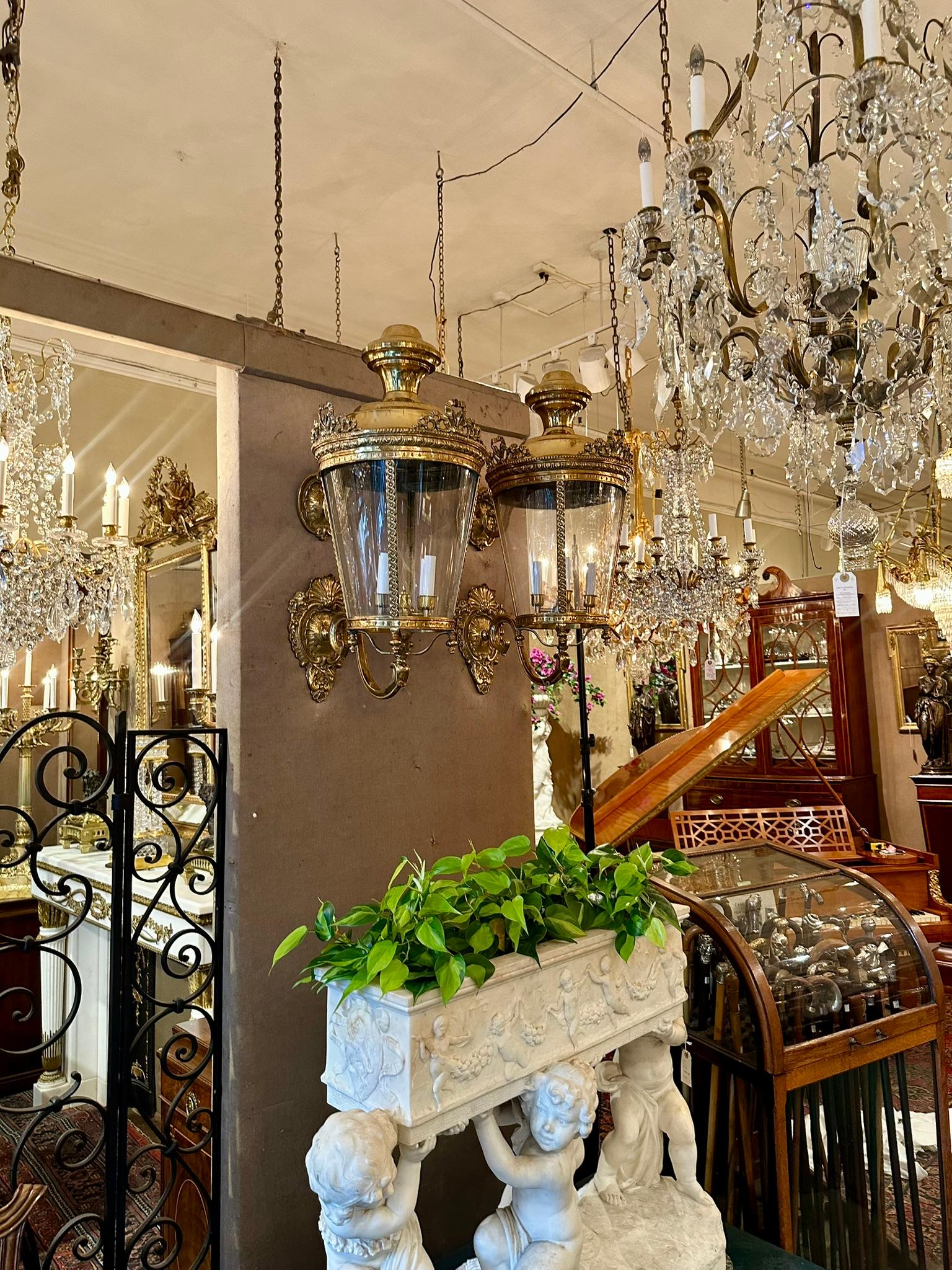 Pair of Large European Louis XVI Style Brass Entry Lanterns. For Sale 8