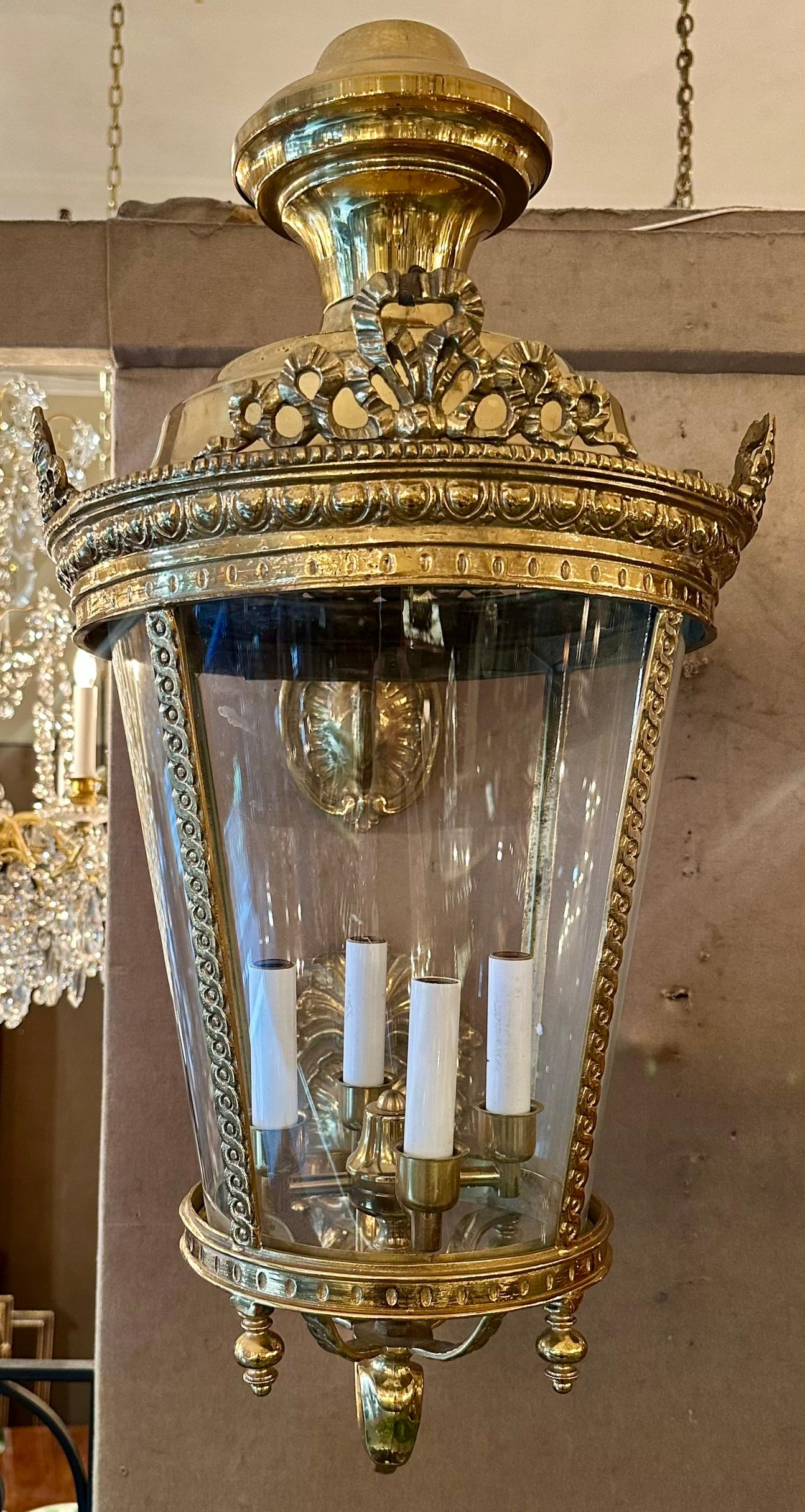 Pair of Large European Louis XVI Style Brass Entry Lanterns. In Good Condition For Sale In New Orleans, LA