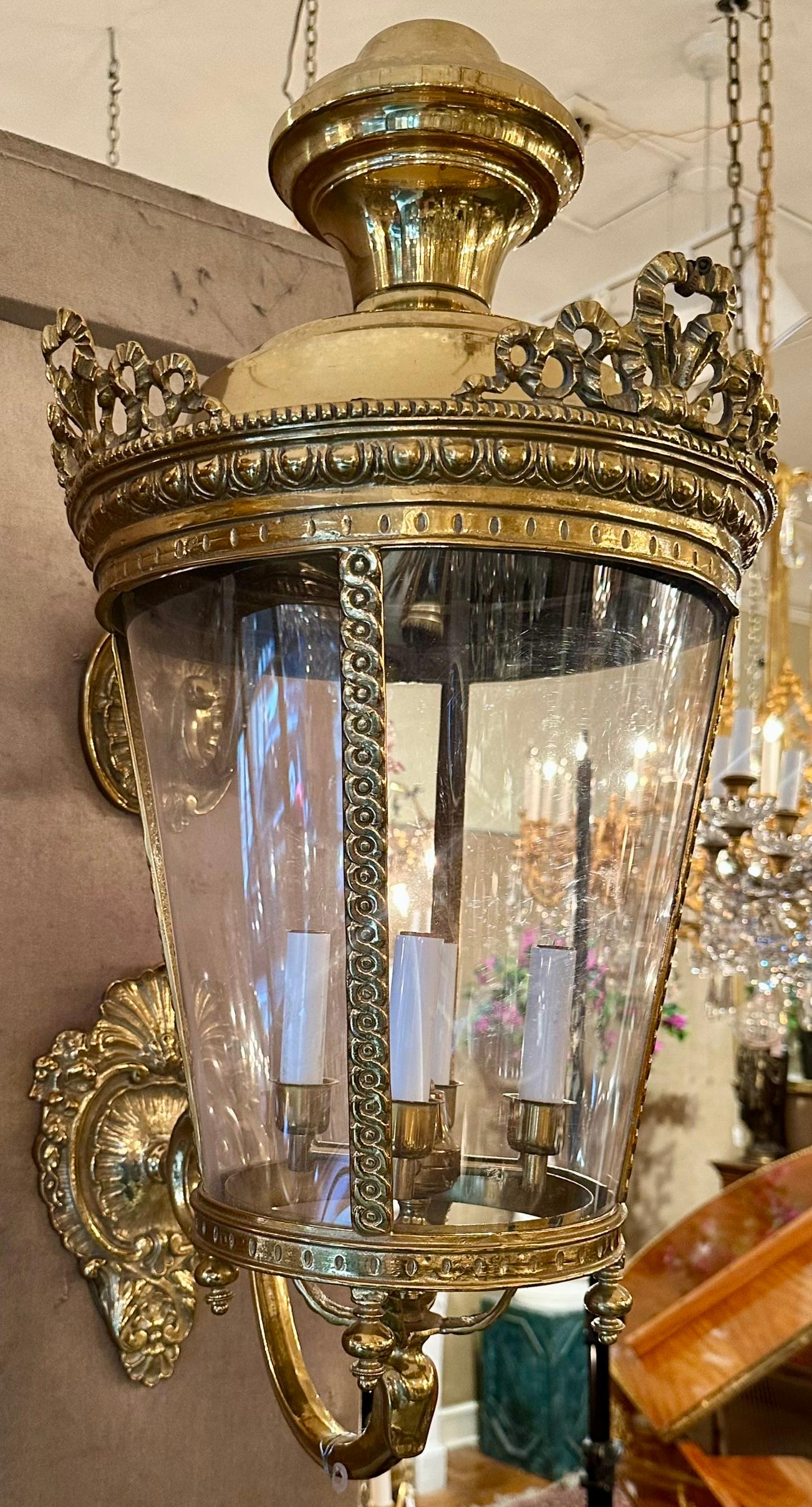 20th Century Pair of Large European Louis XVI Style Brass Entry Lanterns. For Sale