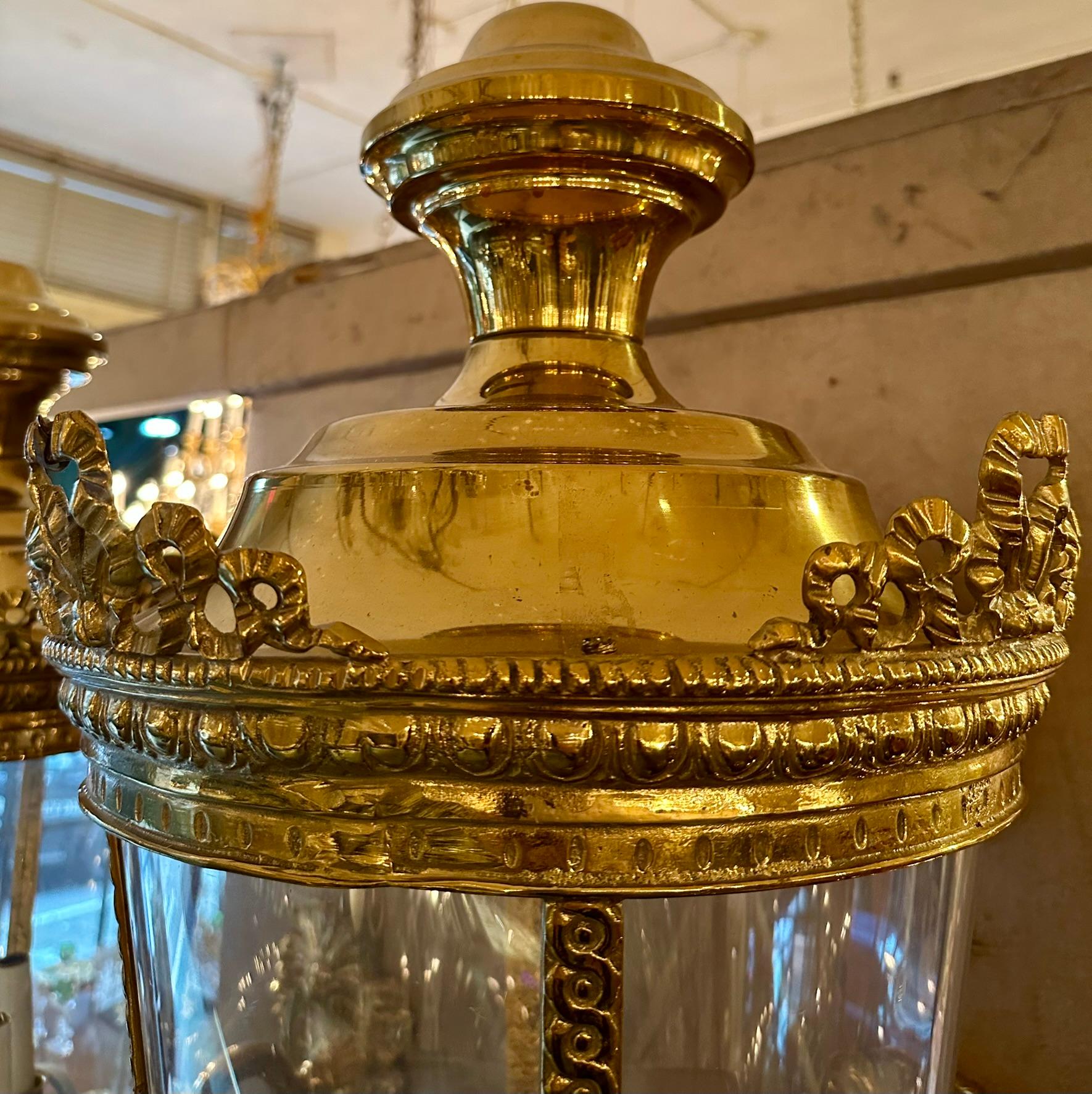 Pair of Large European Louis XVI Style Brass Entry Lanterns. For Sale 3
