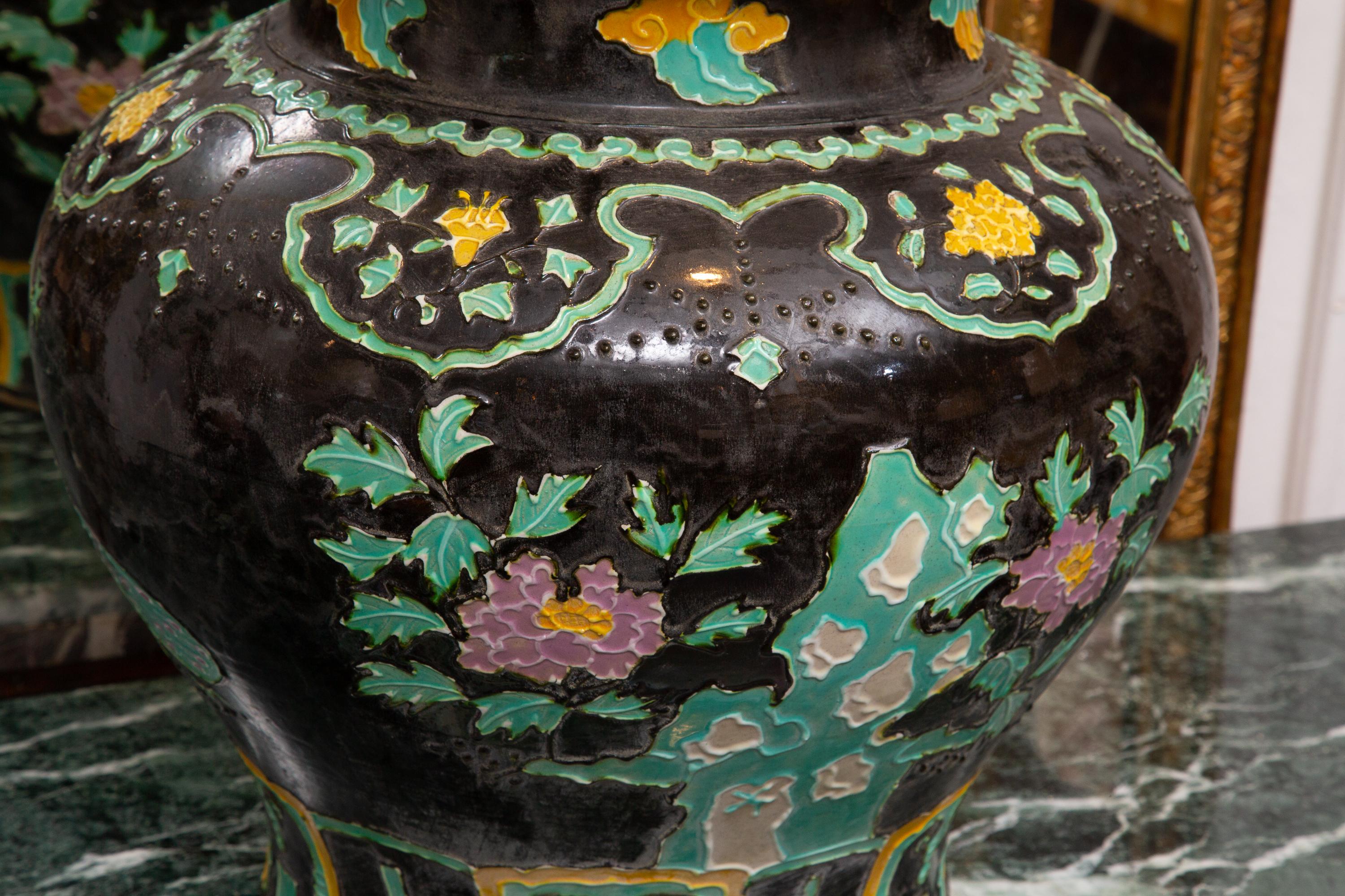 Chinese Pair of Large Fahua Pottery Covered Jars