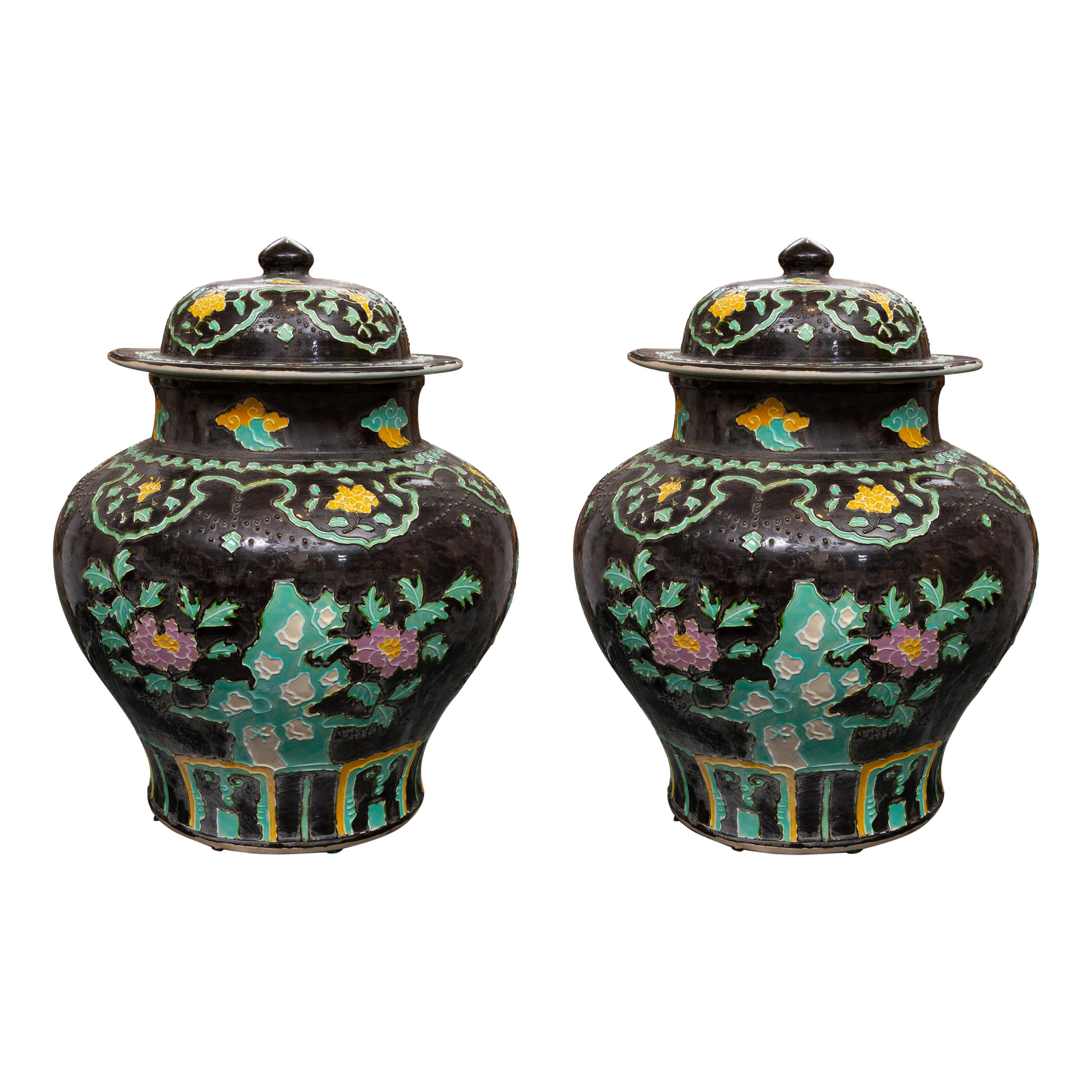 Pair of Large Fahua Pottery Covered Jars