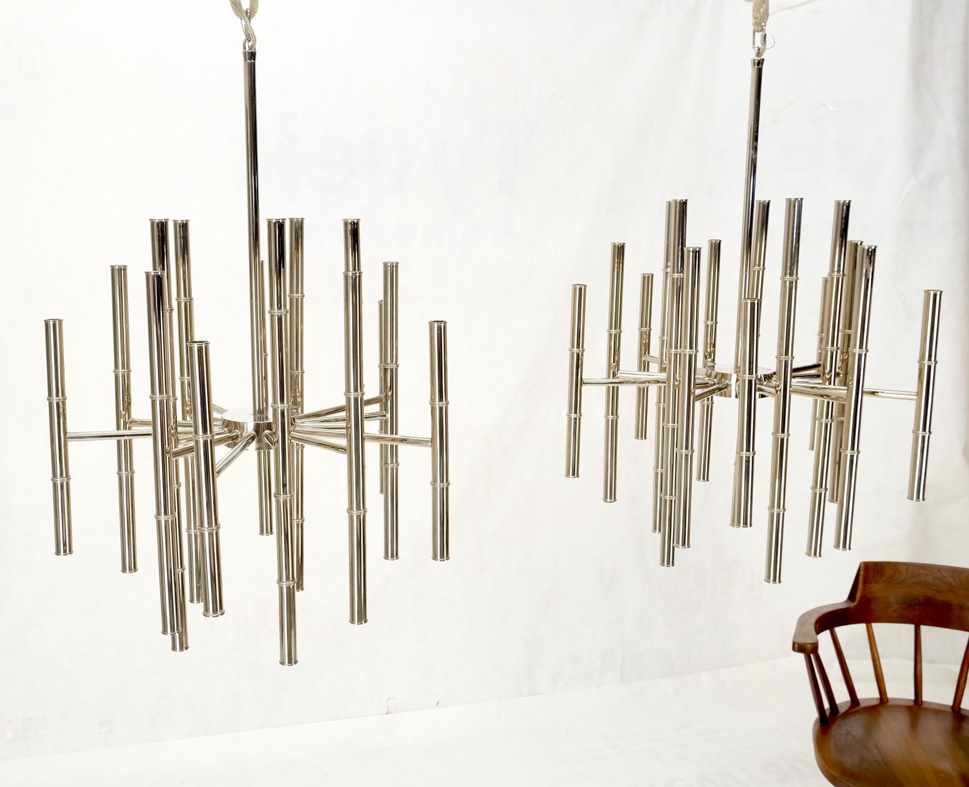 Pair of Large Faux Bamboo Chrome Pewter Chandeliers Light Fixtures For Sale 8