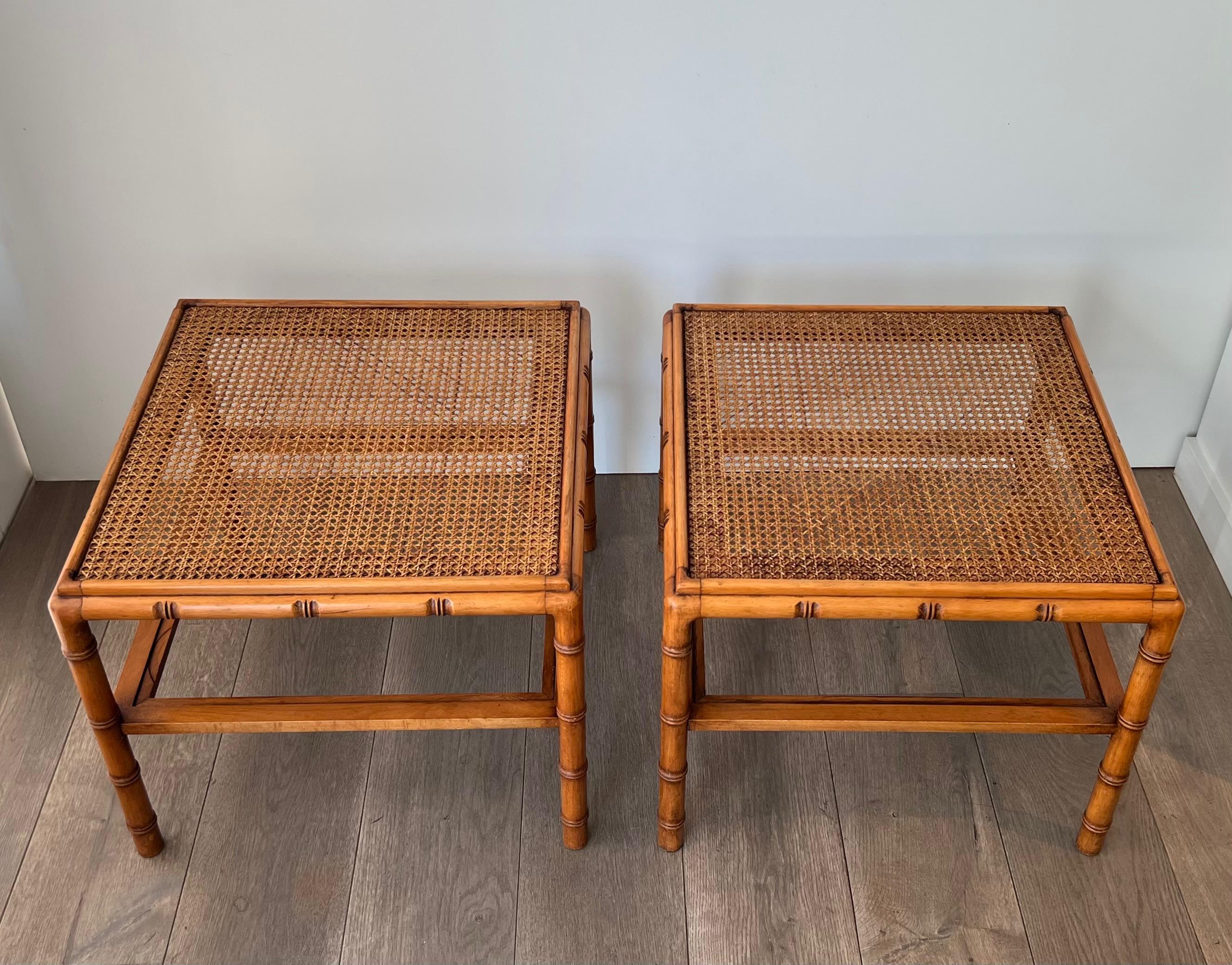 Pair of Large Faux-Bamboo Wooden Side Tables with Caned Top For Sale 6