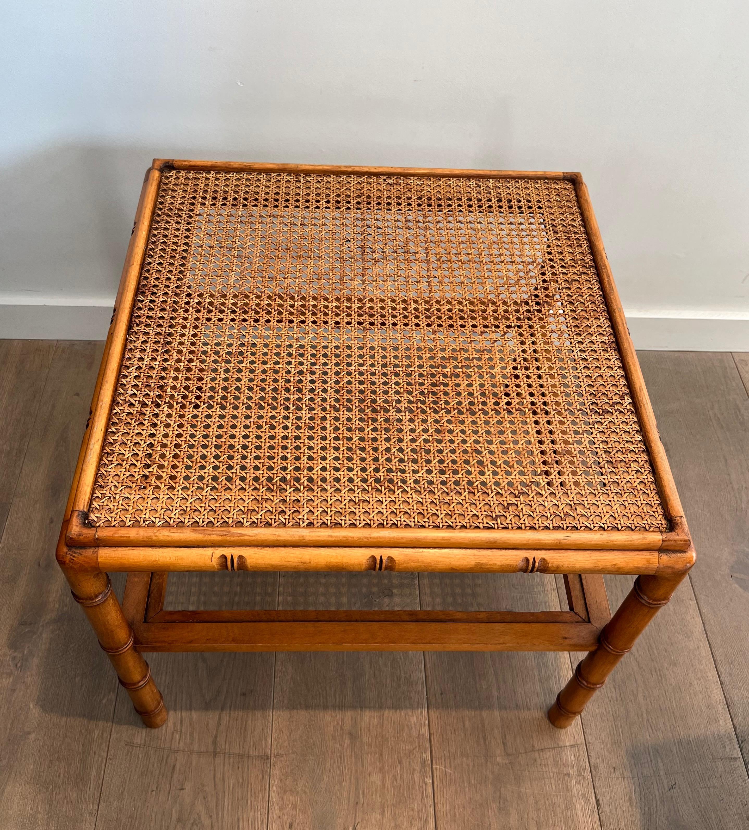 Pair of Large Faux-Bamboo Wooden Side Tables with Caned Top For Sale 7
