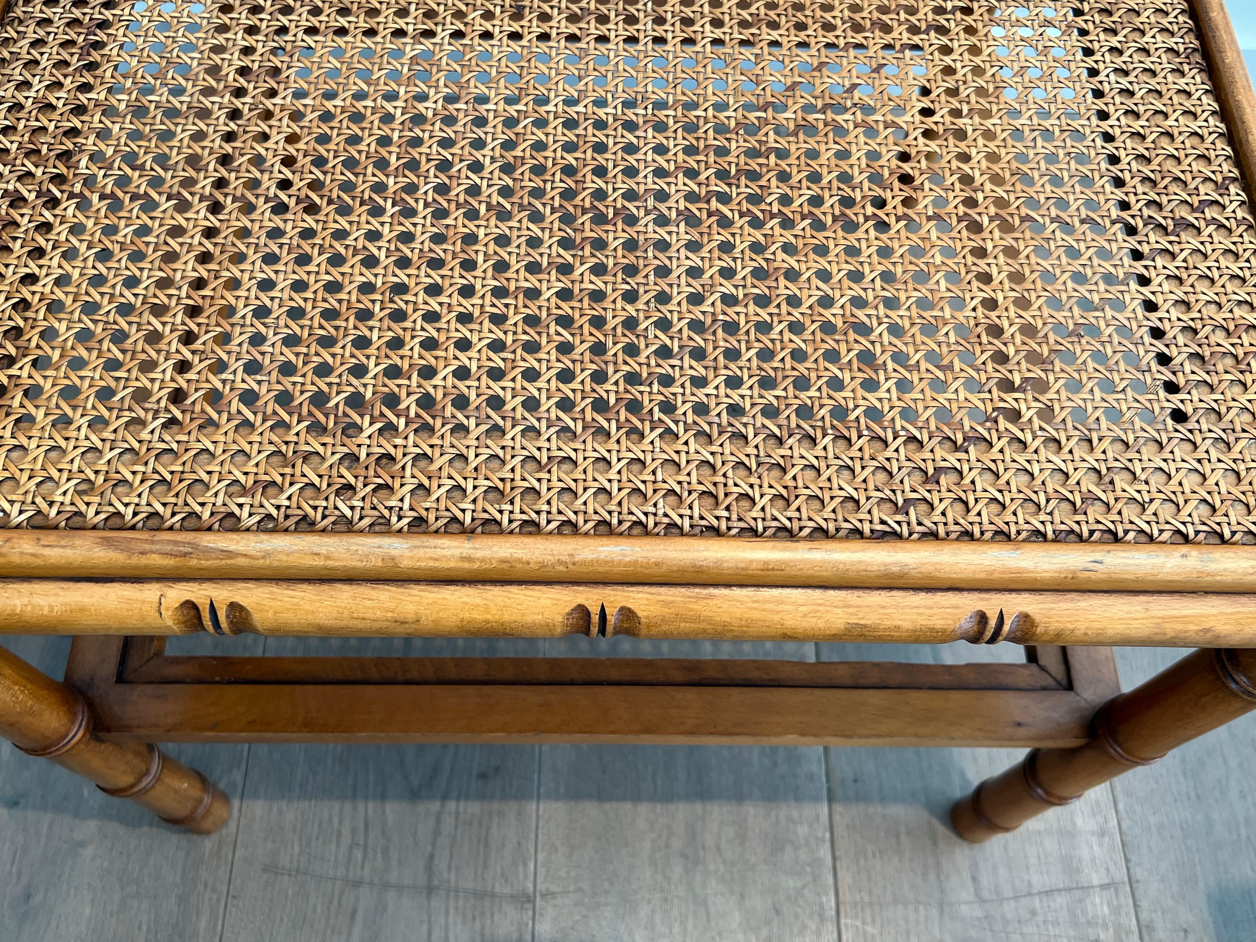 Pair of Large Faux-Bamboo Wooden Side Tables with Caned Top For Sale 9