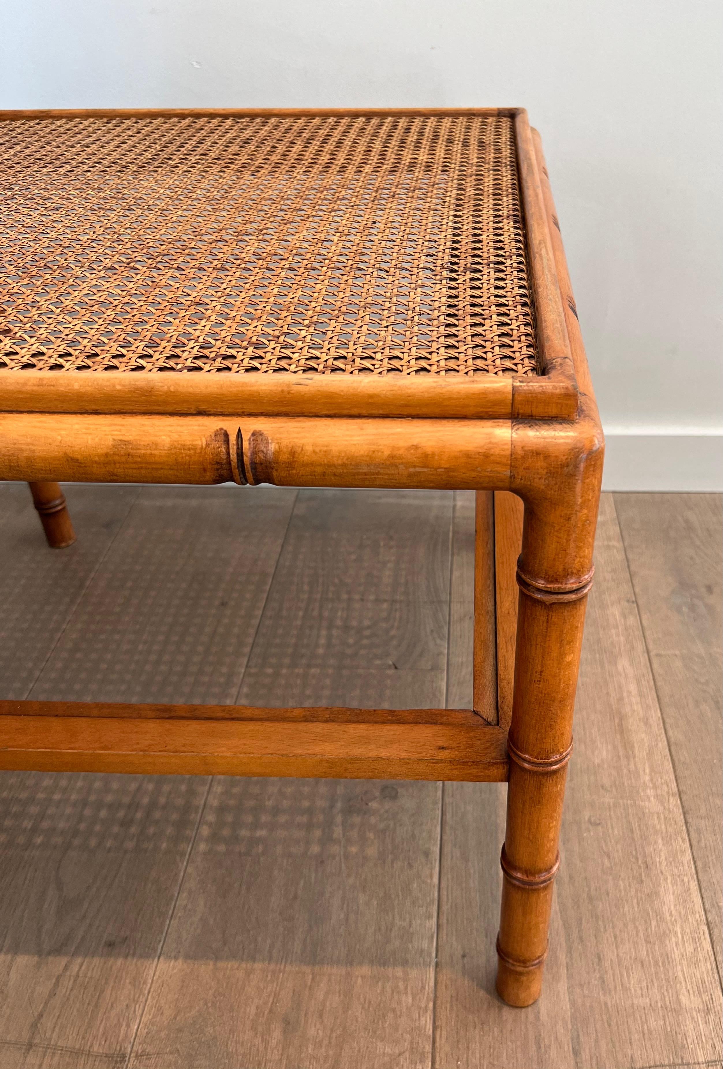 Pair of Large Faux-Bamboo Wooden Side Tables with Caned Top For Sale 10