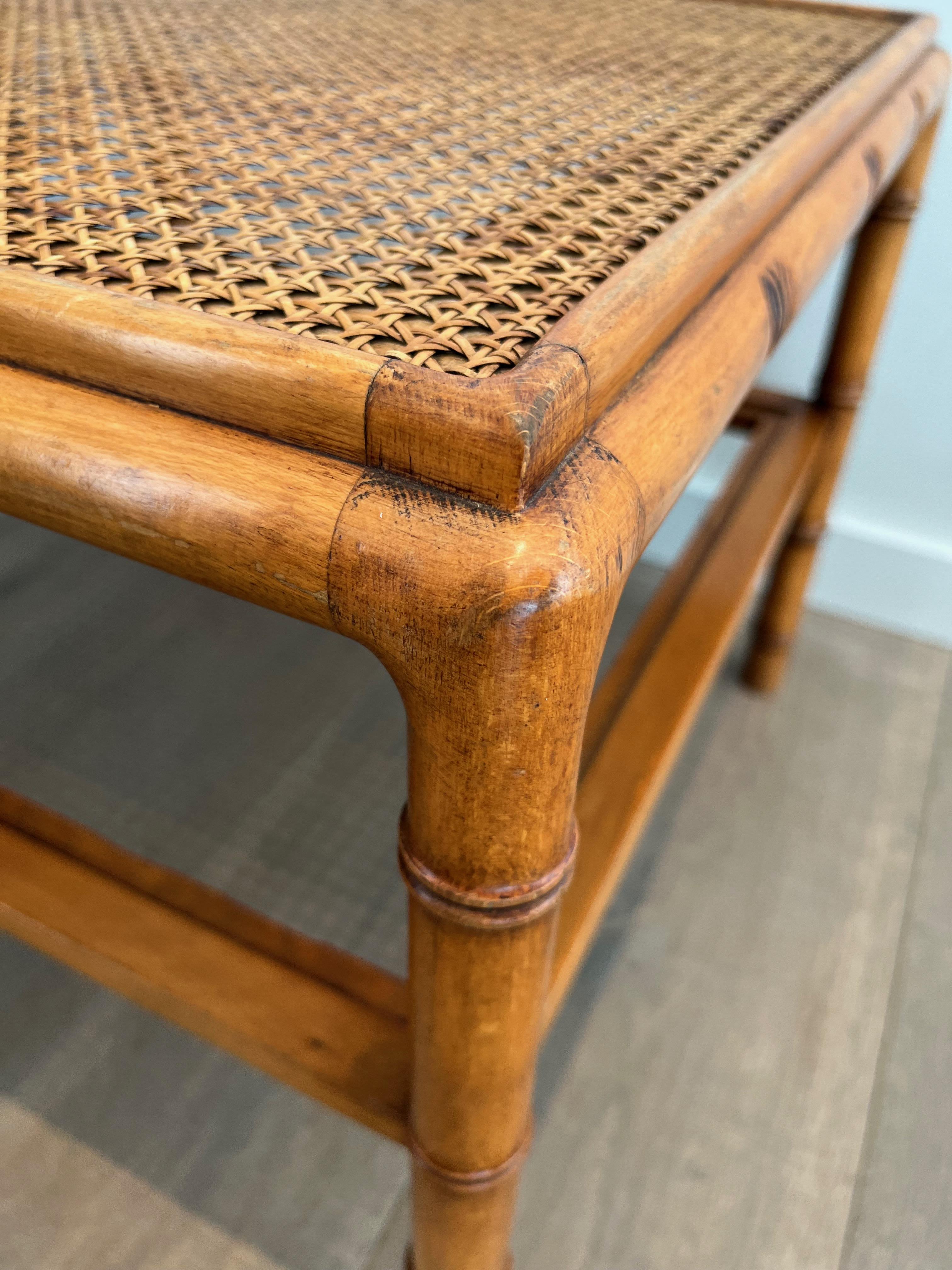 Pair of Large Faux-Bamboo Wooden Side Tables with Caned Top For Sale 11