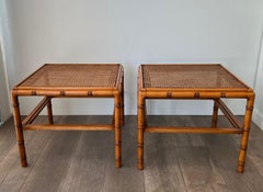 Pair of Large Faux-Bamboo Wooden Side Tables with Caned Top