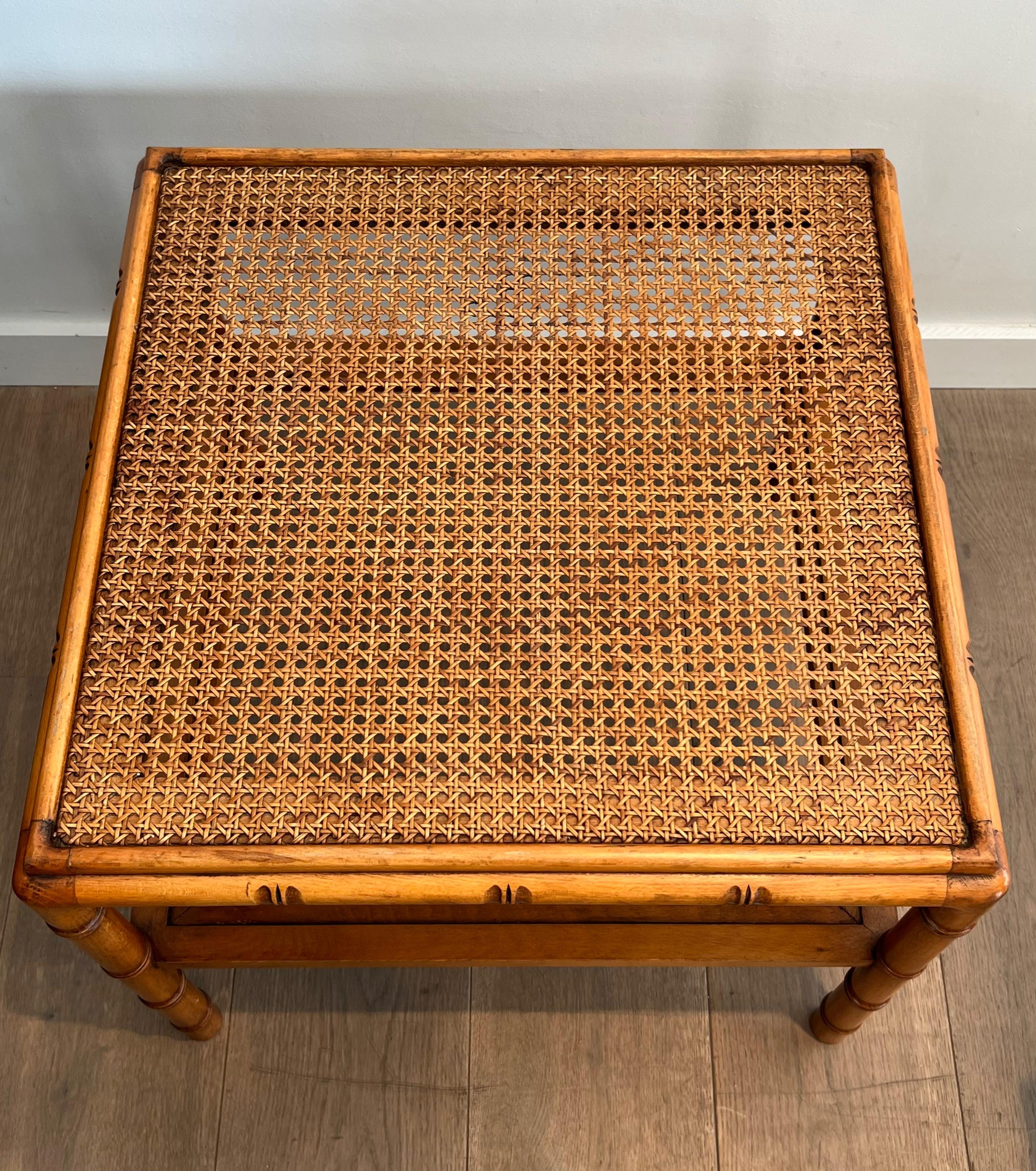 Pair of Large Faux-Bamboo Wooden Side Tables with Caned Top For Sale 14