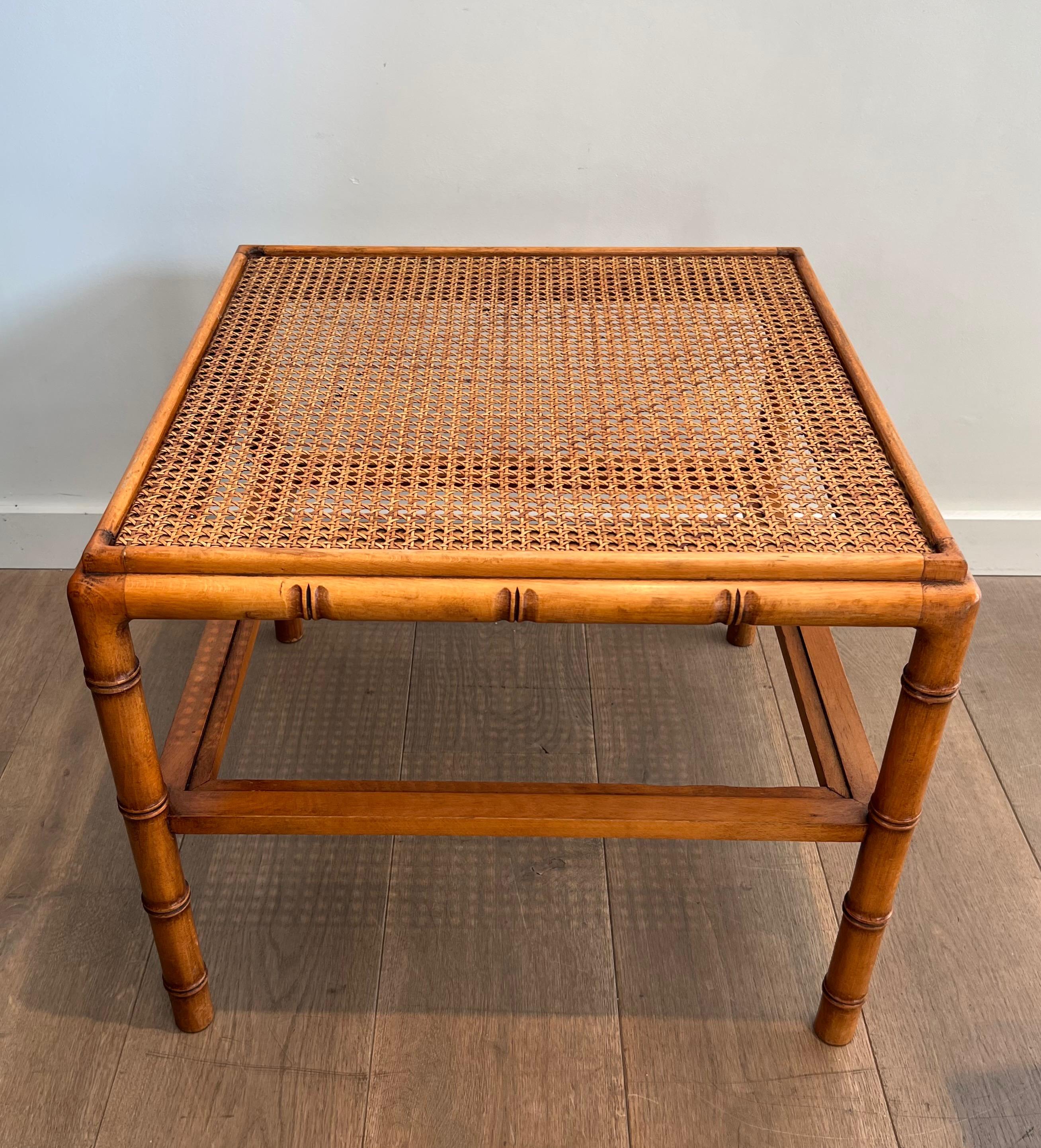Mid-Century Modern Pair of Large Faux-Bamboo Wooden Side Tables with Caned Top For Sale