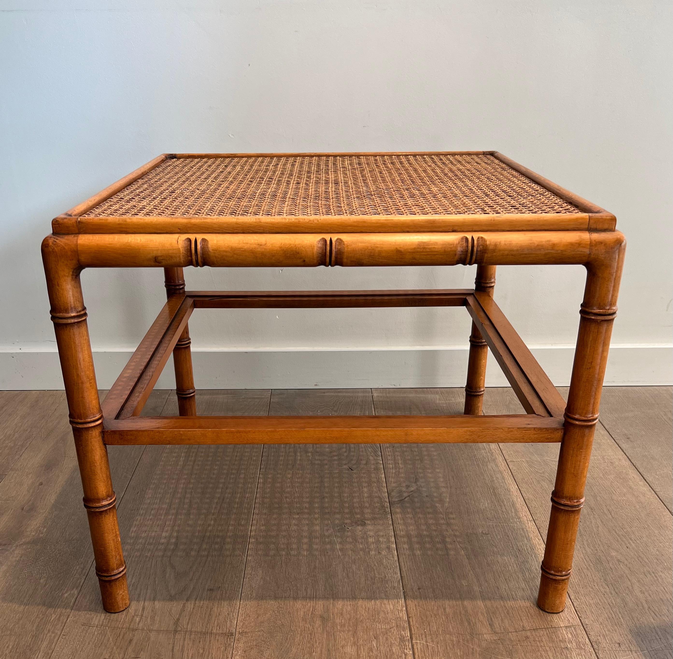 French Pair of Large Faux-Bamboo Wooden Side Tables with Caned Top For Sale