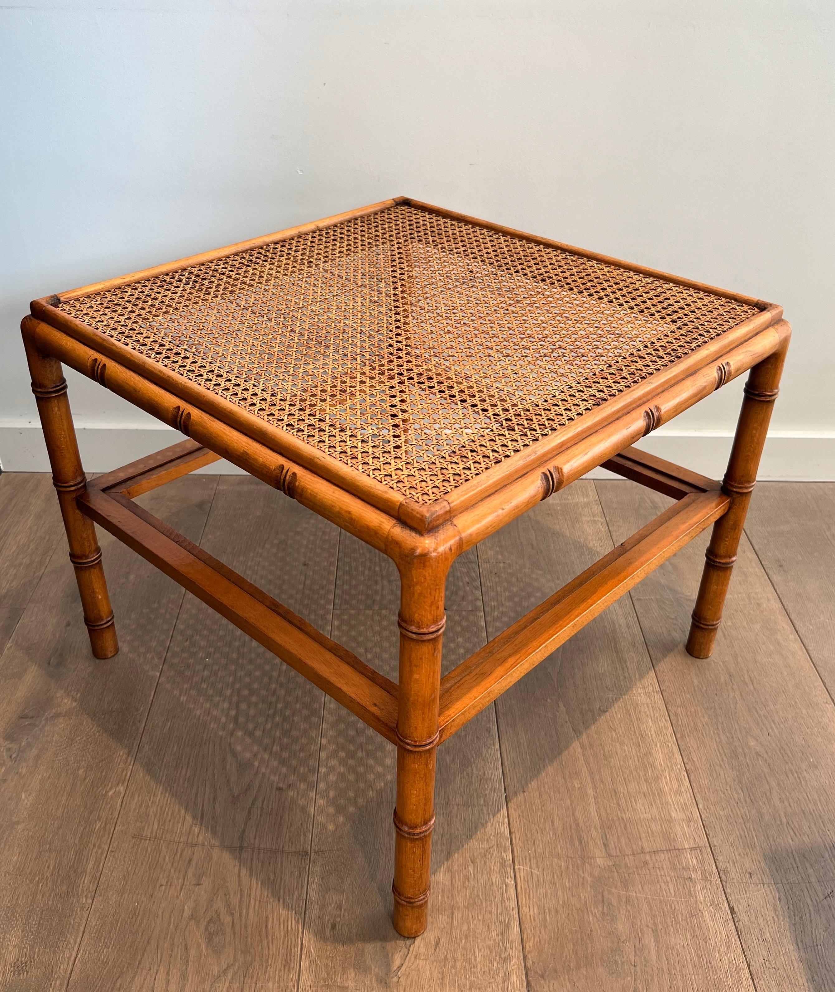 Pair of Large Faux-Bamboo Wooden Side Tables with Caned Top In Good Condition For Sale In Marcq-en-Barœul, Hauts-de-France