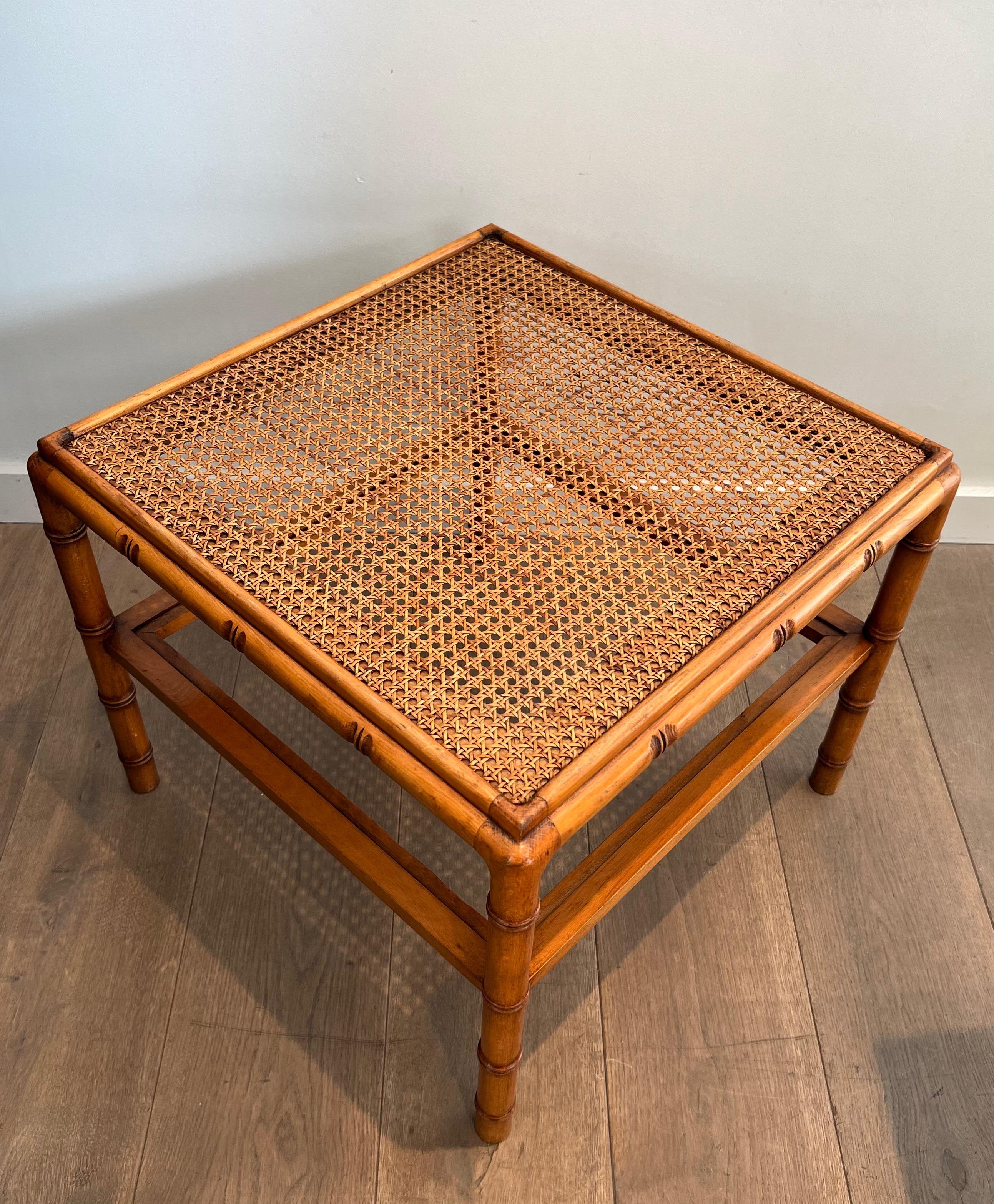 Late 20th Century Pair of Large Faux-Bamboo Wooden Side Tables with Caned Top For Sale