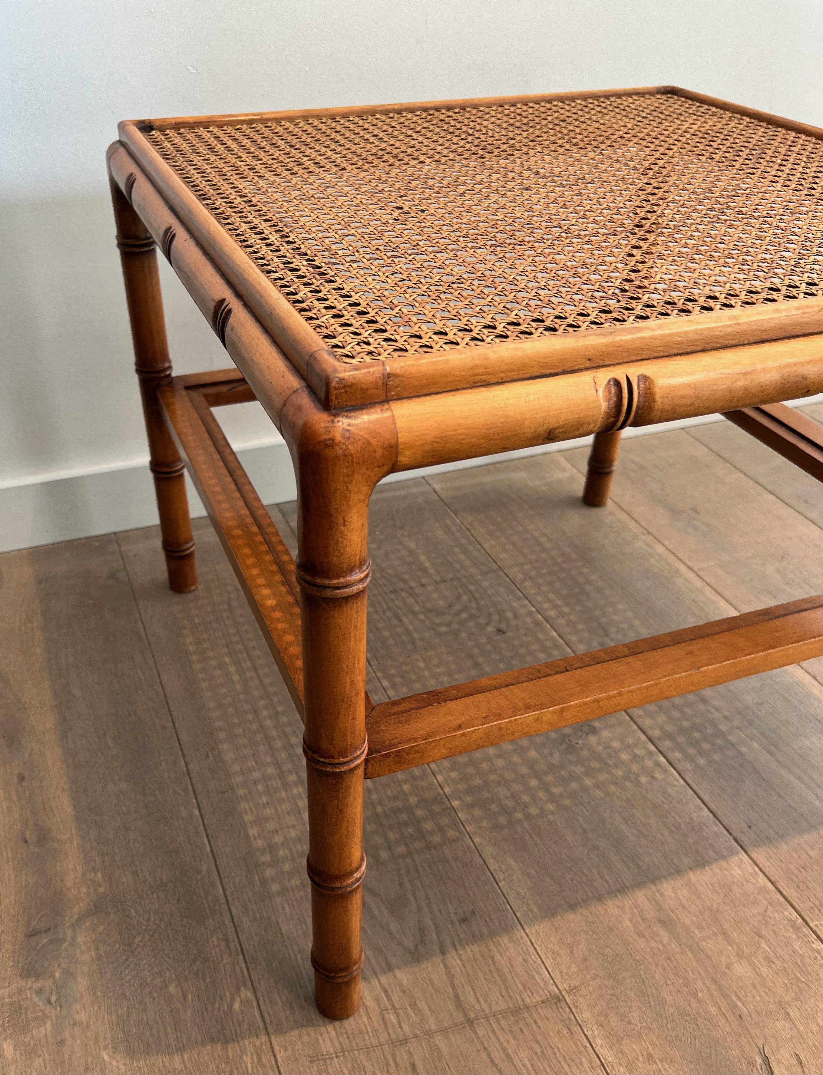 Pair of Large Faux-Bamboo Wooden Side Tables with Caned Top For Sale 1