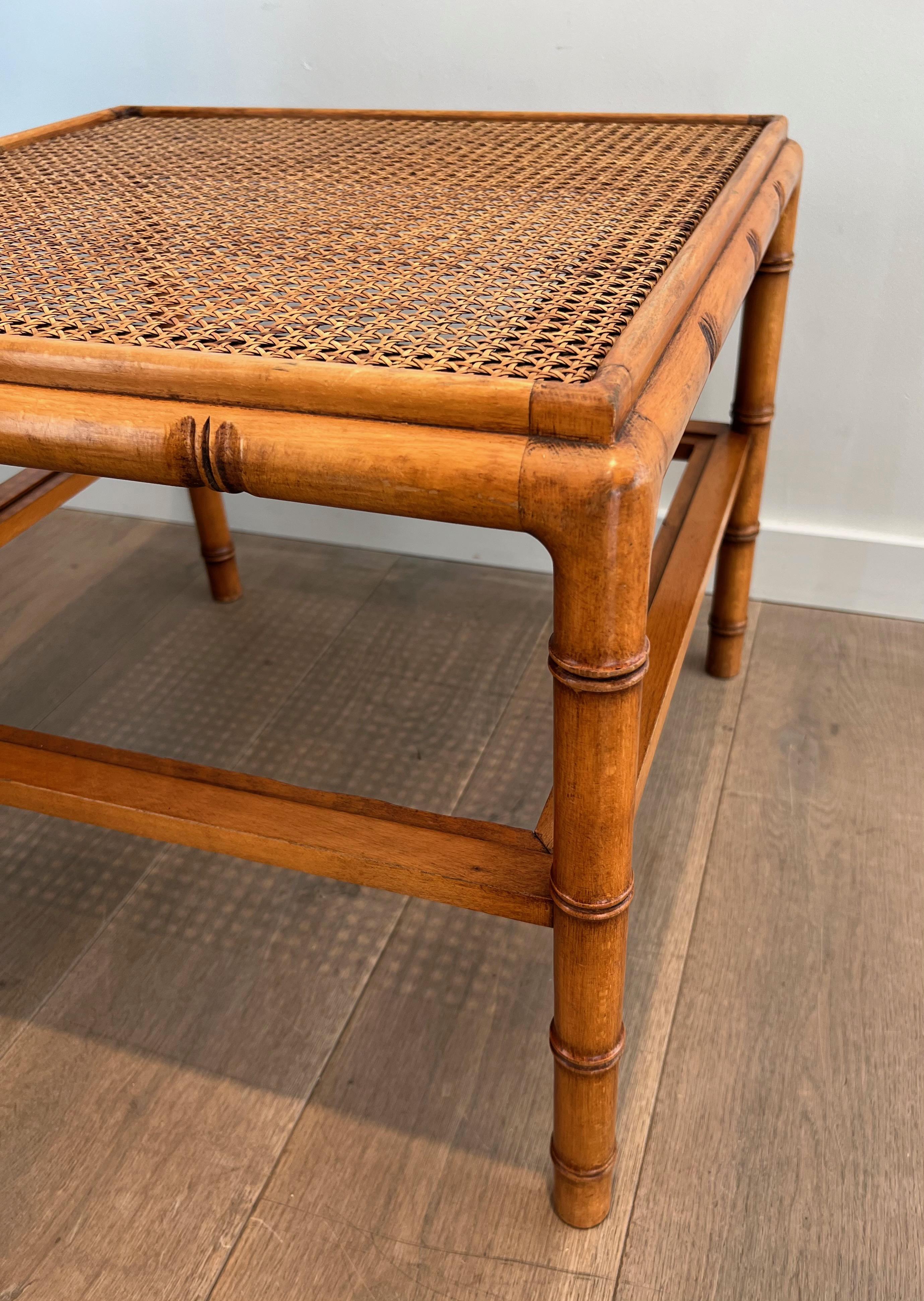 Pair of Large Faux-Bamboo Wooden Side Tables with Caned Top For Sale 2