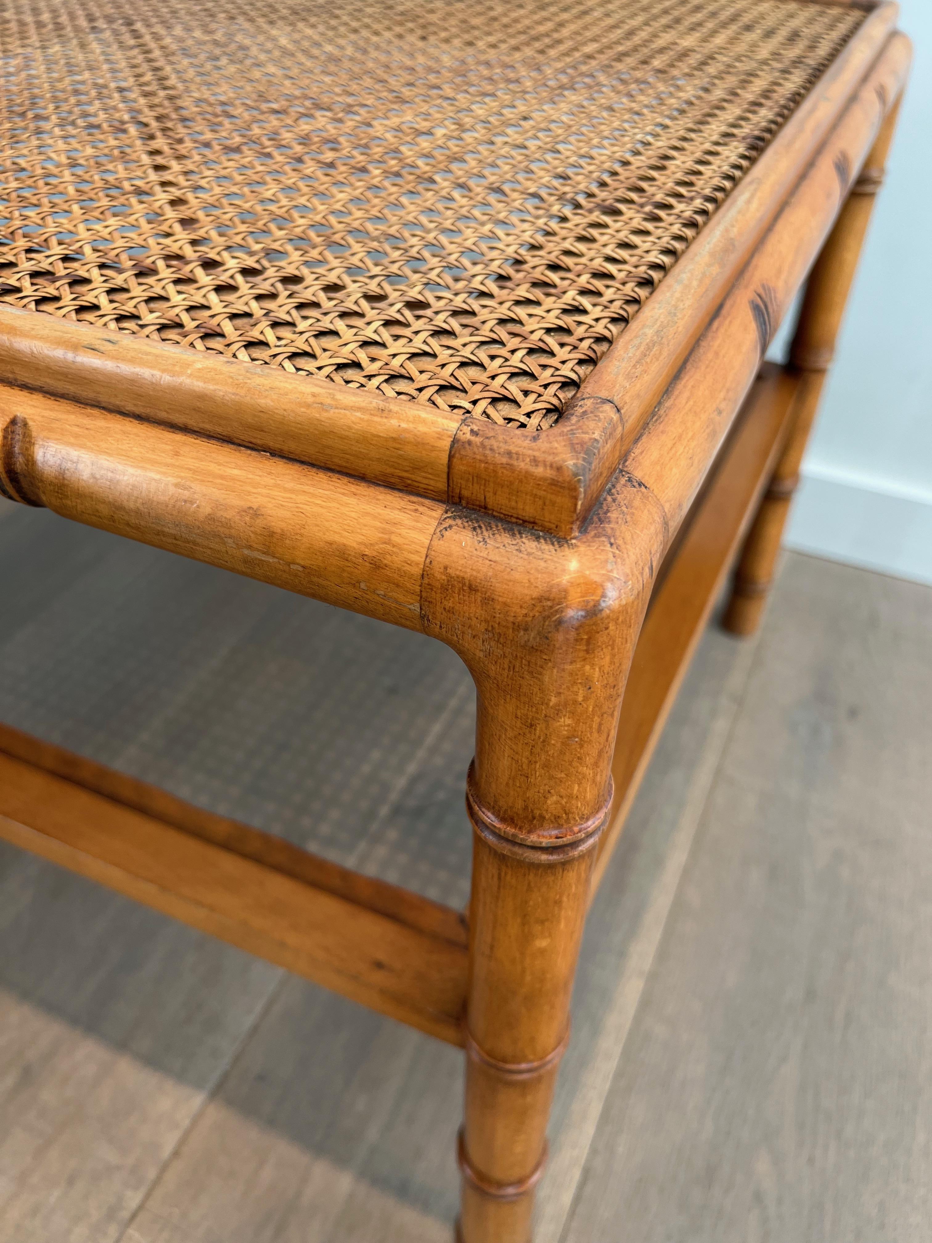 Pair of Large Faux-Bamboo Wooden Side Tables with Caned Top For Sale 3