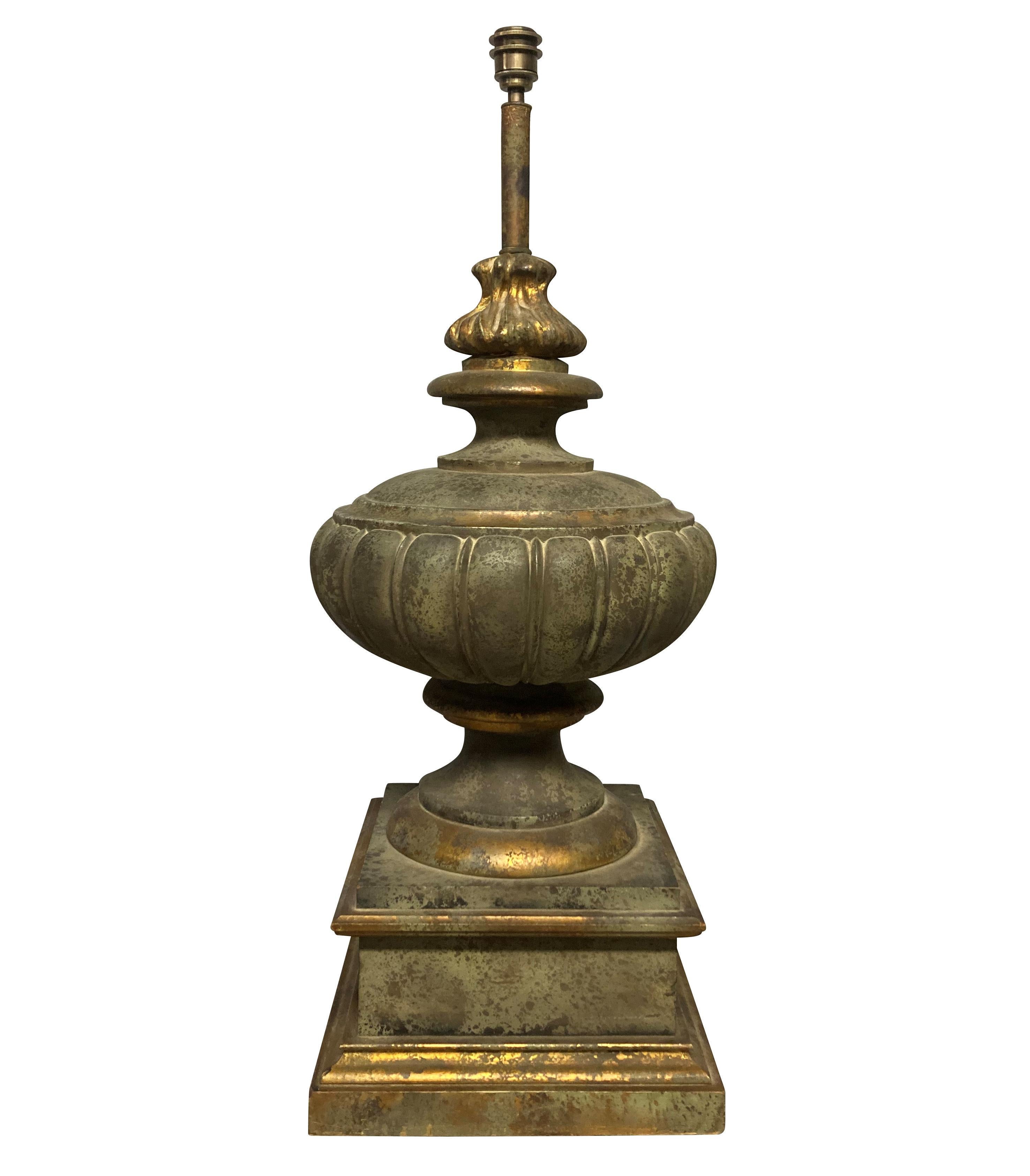English Pair of Large Faux Bronze Classical Urn Lamps For Sale