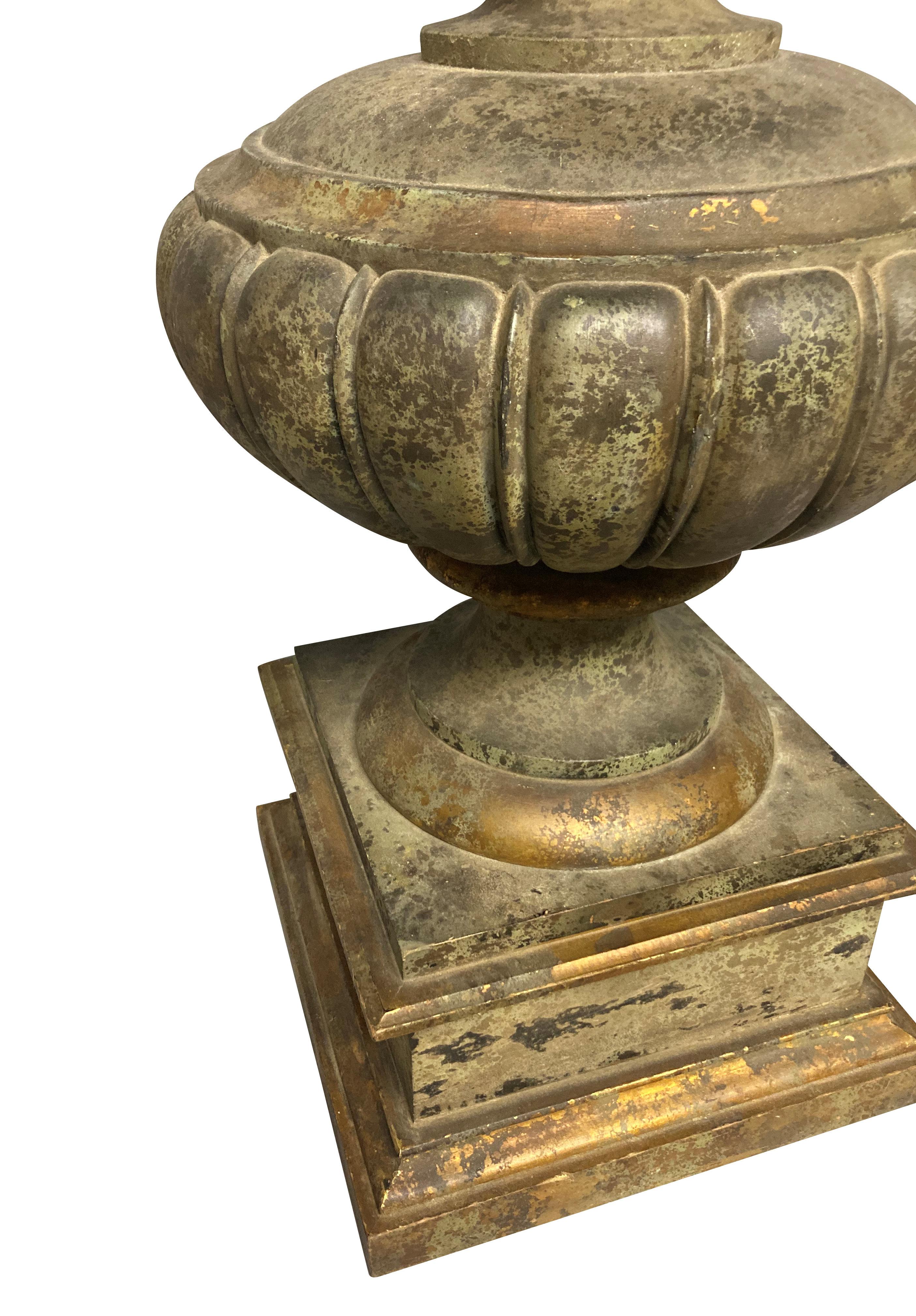 Iron Pair of Large Faux Bronze Classical Urn Lamps For Sale