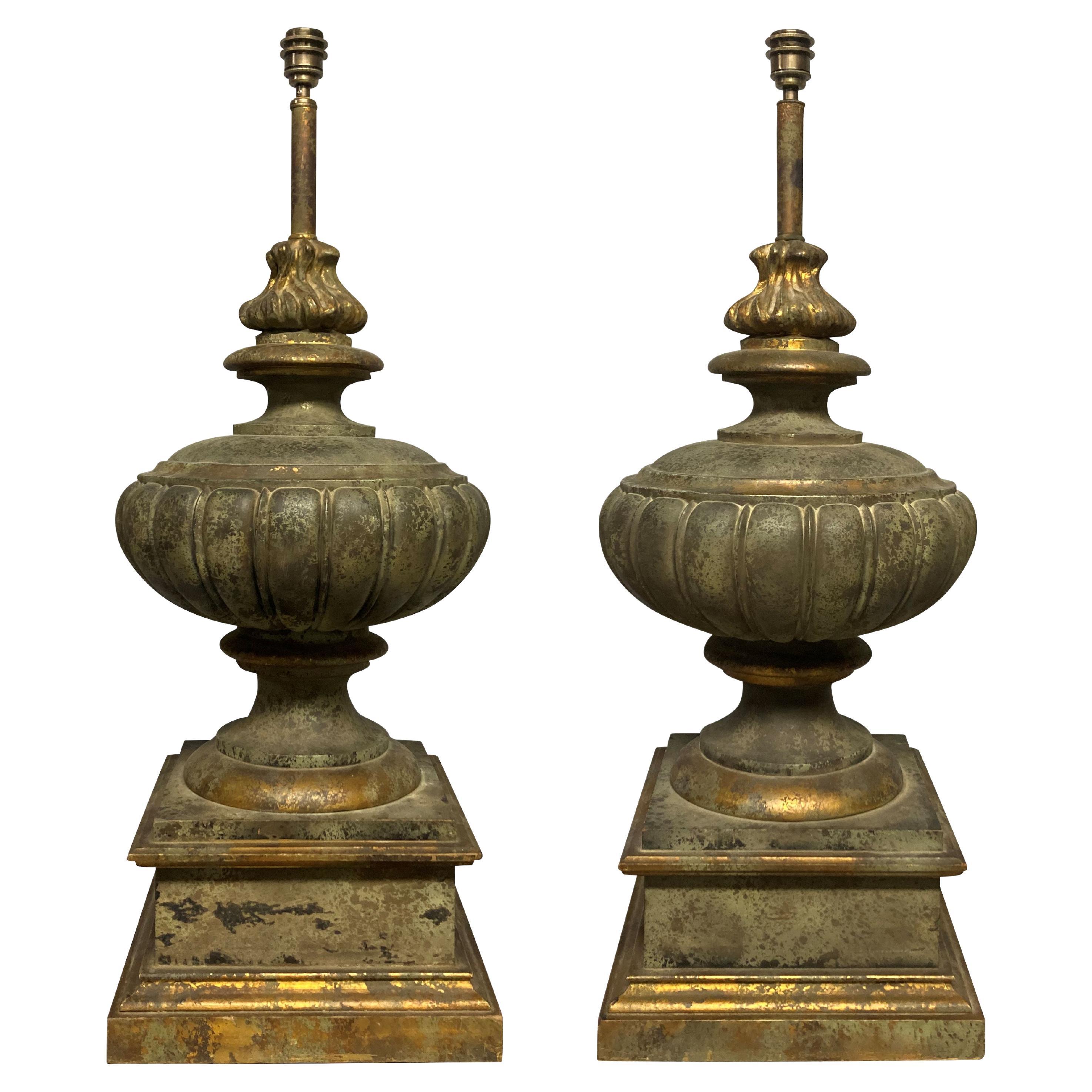 Pair of Large Faux Bronze Classical Urn Lamps For Sale