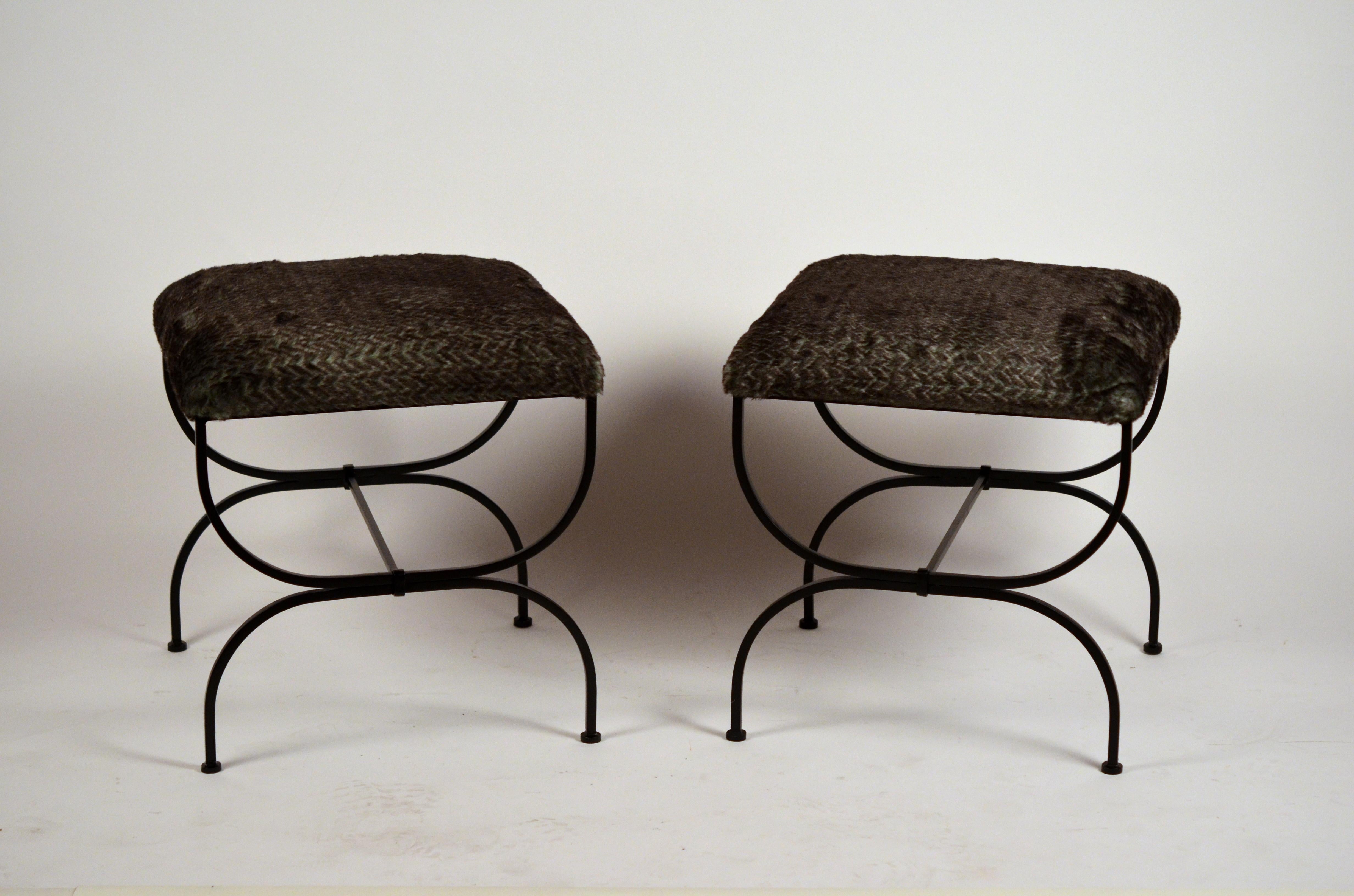 Art Deco Pair of Large Faux Fur 'Strapontin' Stools by Design Frères For Sale