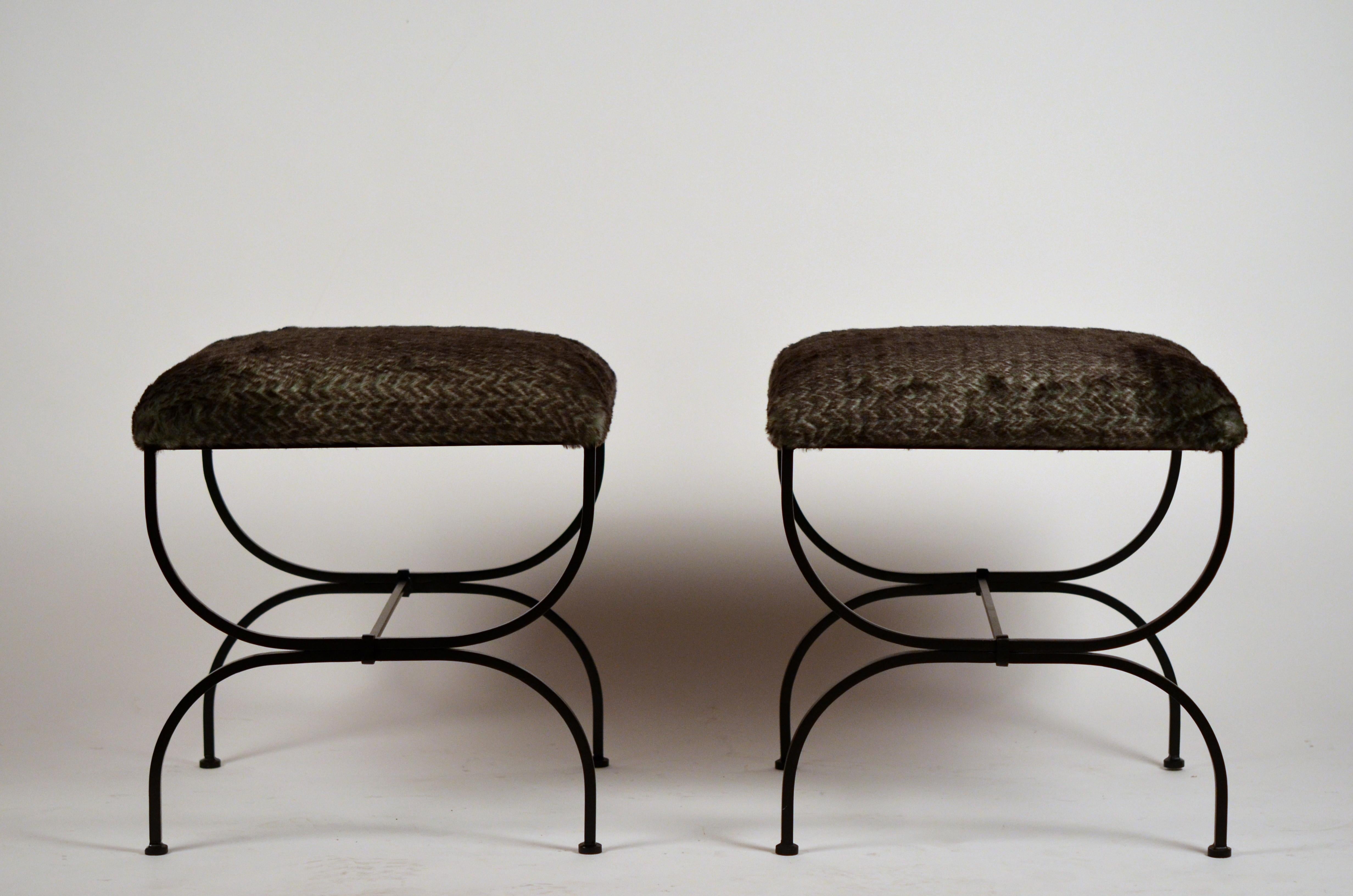 Art Deco Pair of Large Faux Fur 'Strapontin' Stools by Design Frères For Sale