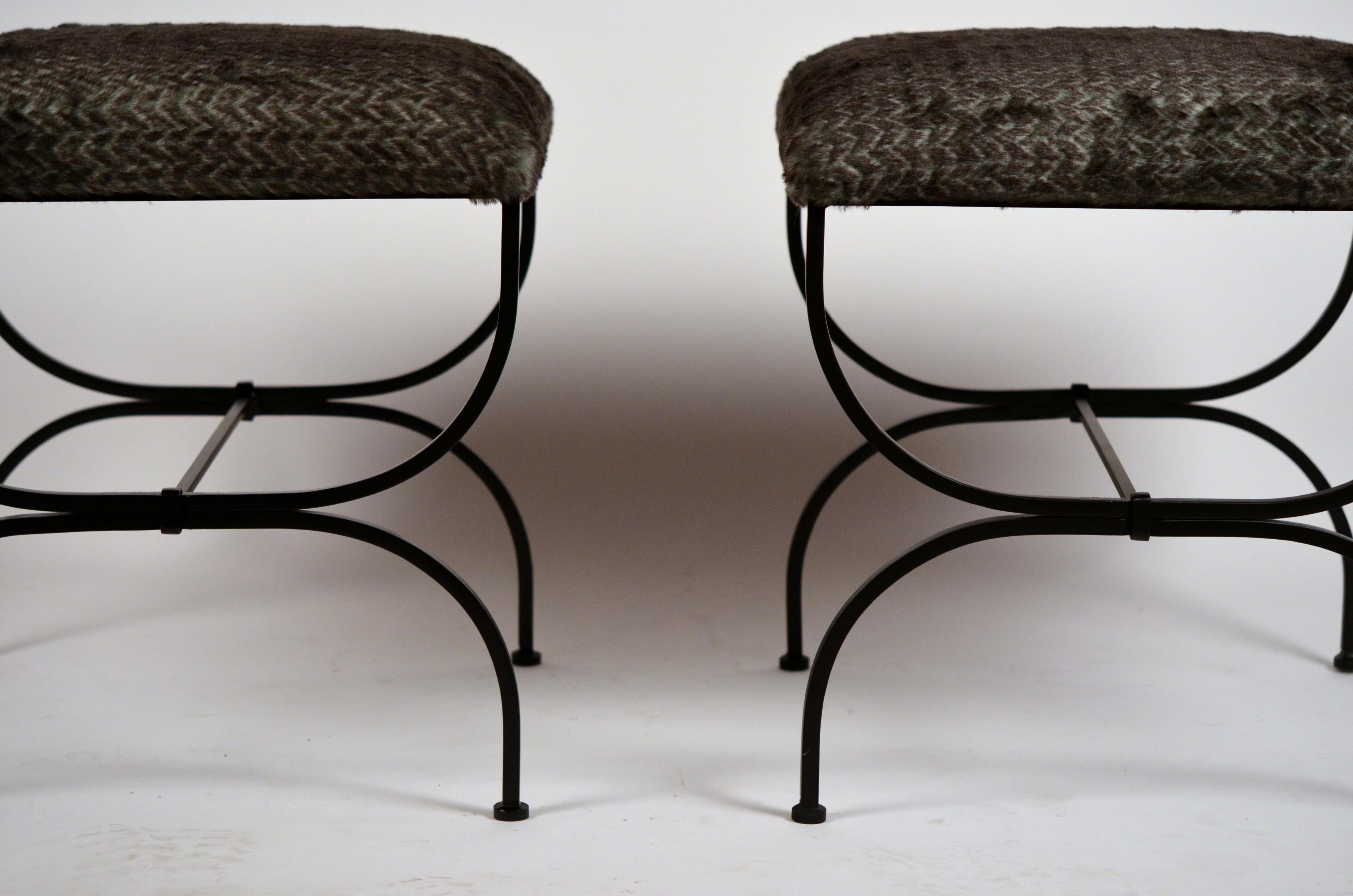 French Pair of Large Faux Fur 'Strapontin' Stools by Design Frères For Sale