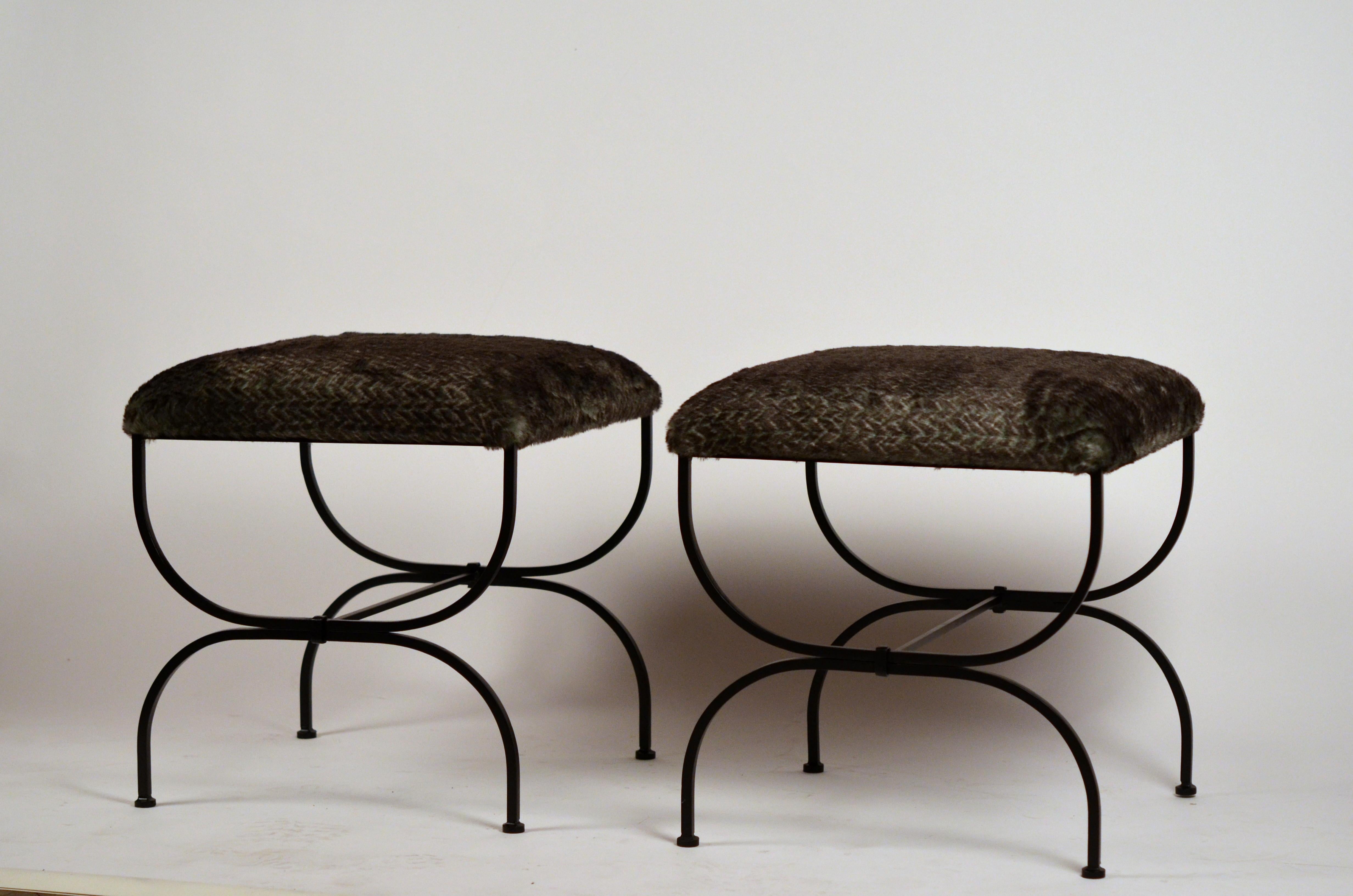 Wrought Iron Pair of Large Faux Fur 'Strapontin' Stools by Design Frères For Sale