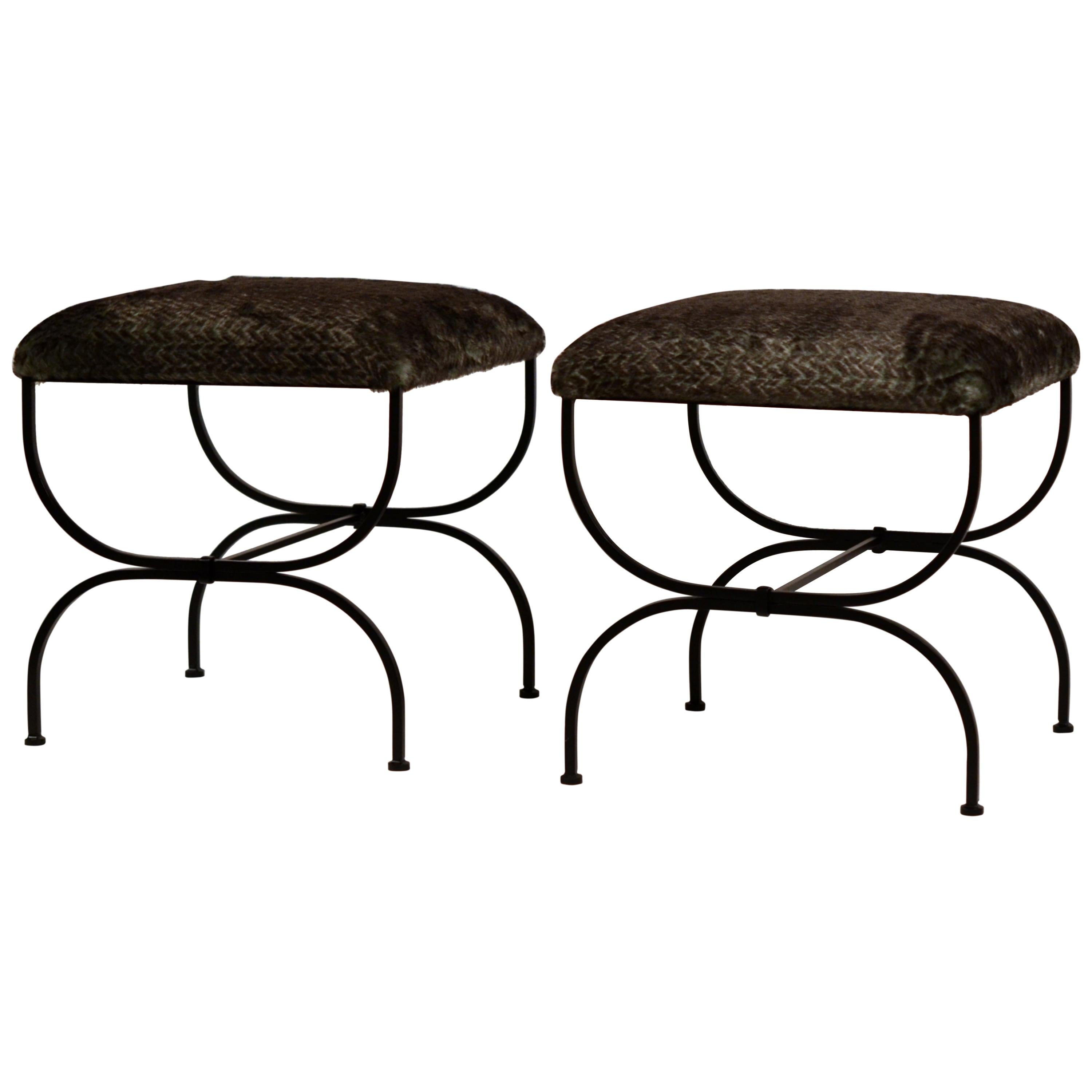 Pair of Large Faux Fur 'Strapontin' Stools by Design Frères