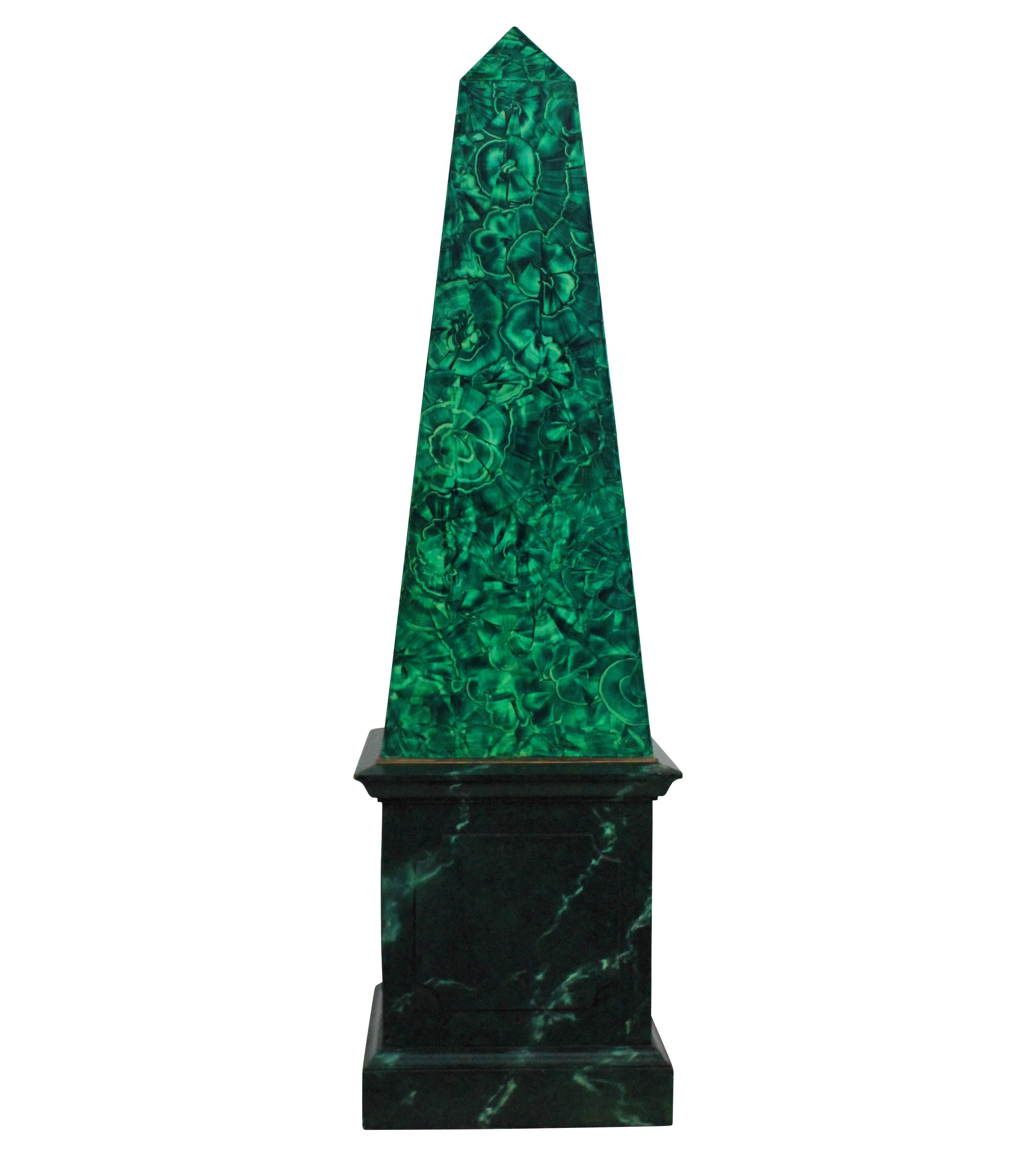 French Pair of Large Faux Malachite Obelisks