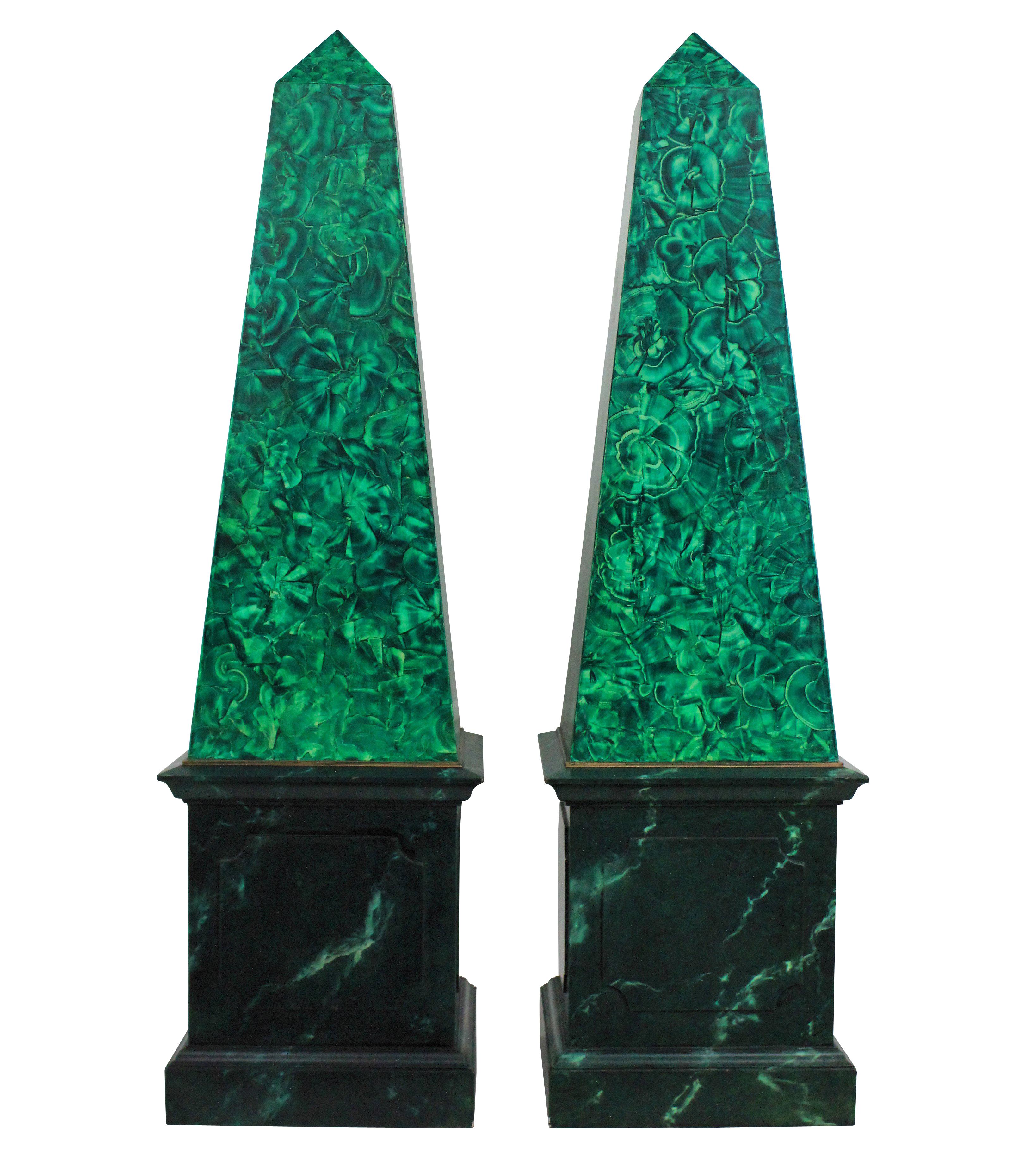 Pair of Large Faux Malachite Obelisks In Good Condition In London, GB