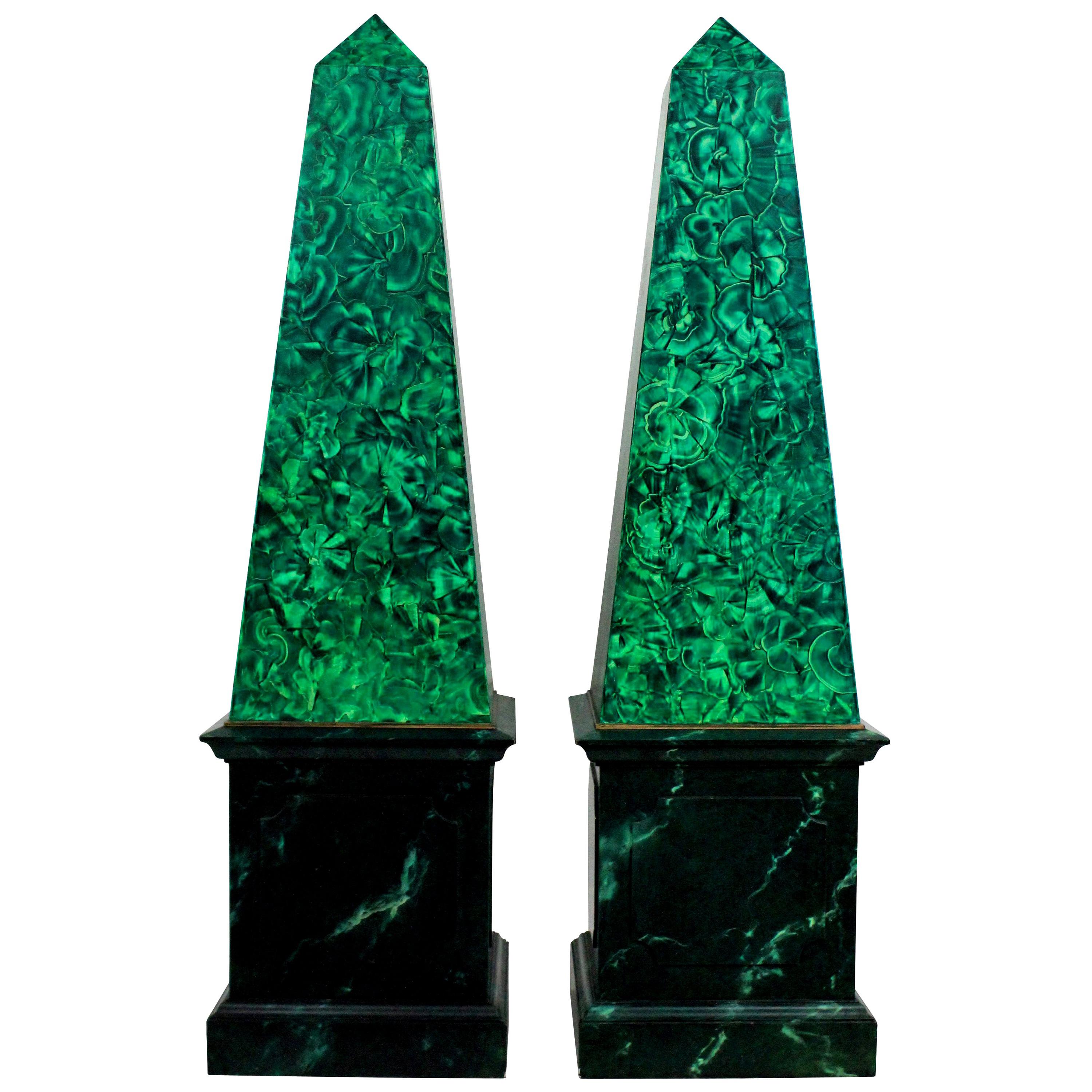 Pair of Large Faux Malachite Obelisks